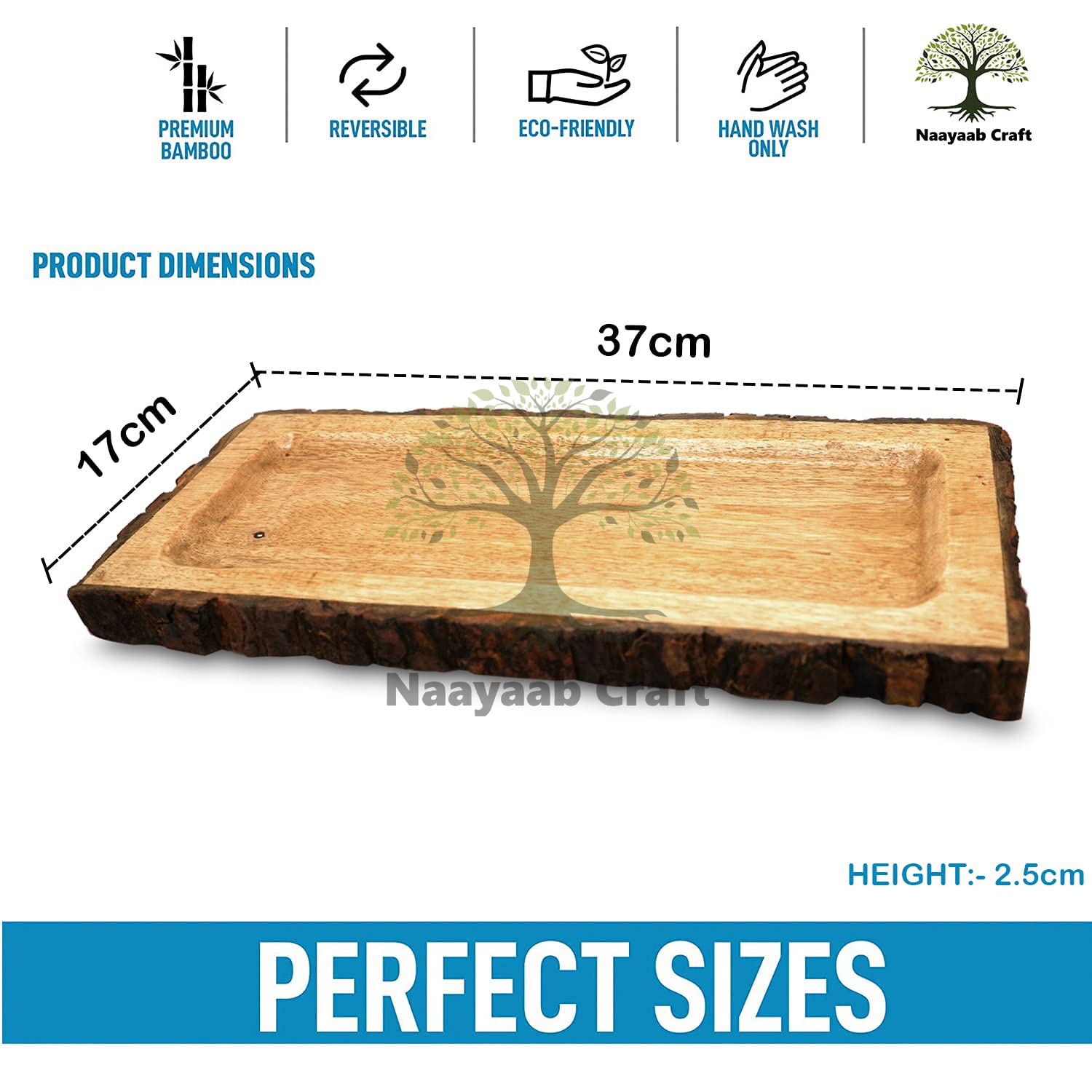 Naayaab Craft Mango Wood Tray, Multipurpose Handmade & Handcrafted Serving Tray, Rectangular Wooden Nested Platter - Size (37 x 17 x 2.5cm) 2
