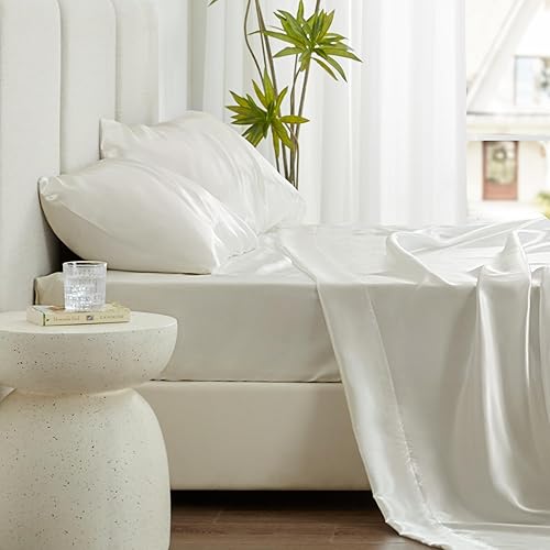 Miniatura 3 de Love's cabin Juego de sábanas de satén Queen  Juego de sábanas de satén sedoso marfil de 4 piezas con bolsillo profundo, juego de sábanas de satén