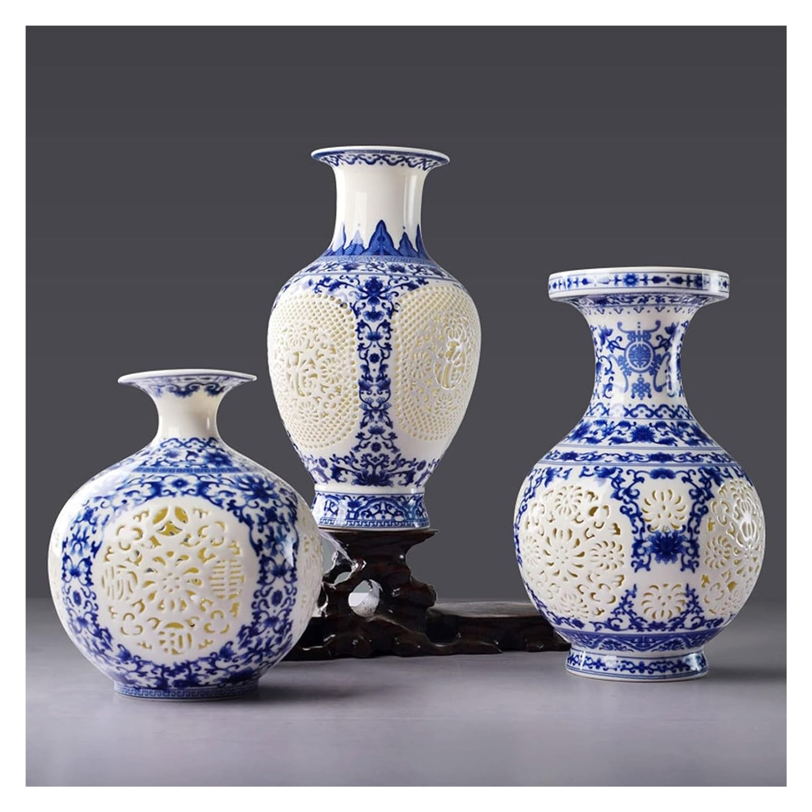 Vase Tischvase Vase Keramik handgefertigt hohl geschnitzt blau und weiß Porzellan Klassische Vase inklusive Sockel Blumenvase 28cm(