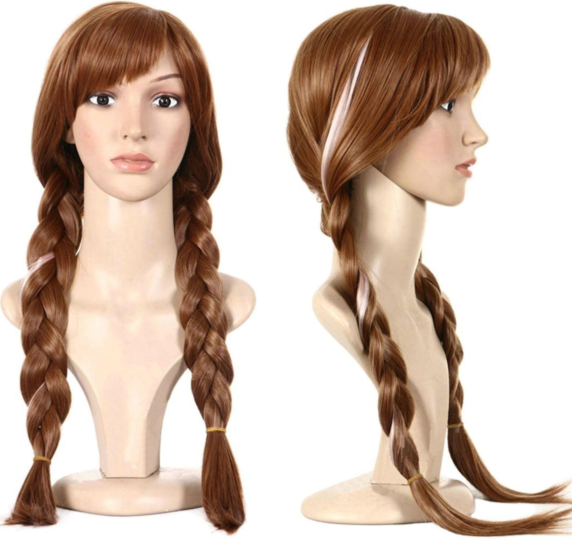 Hair Cap+ Brown Pigtail Princess Wig for Women Braided Brown Cosplay Wigs Auburn Highlighted Braids Women Hair for Princess Costume Cosplay Party Double Braids Anna Wig for Halloween Christmas