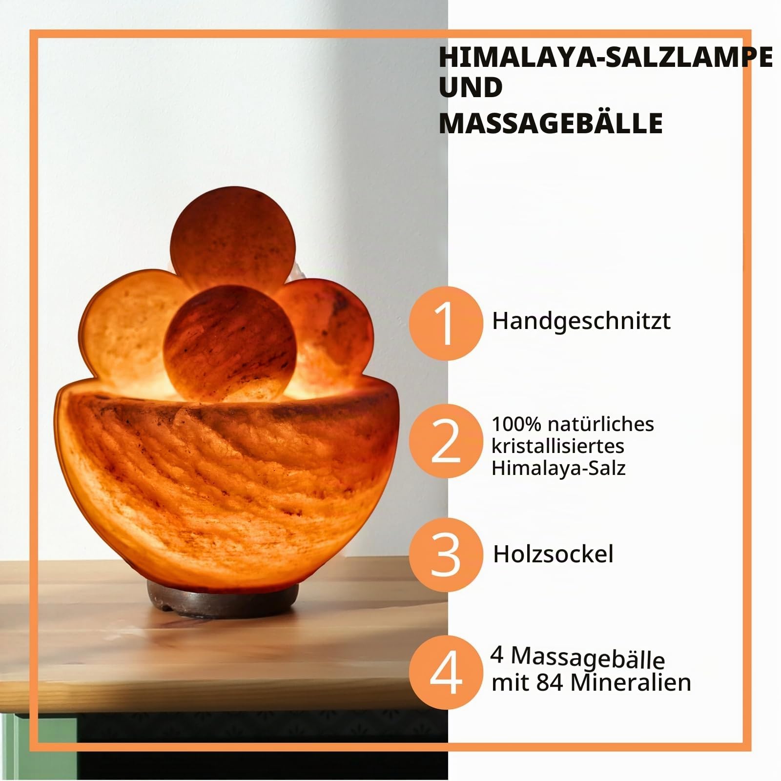 Salzlampe Bol mit 4 Massagekugeln - Handgeschnitzt - Glühbirne und Kabel im Lieferumfang enthalten - Entspannende Dekoration - Himalaya aus Salt Range Pakistan - Salz - Wellness - 1,9 kg - Zen'Light