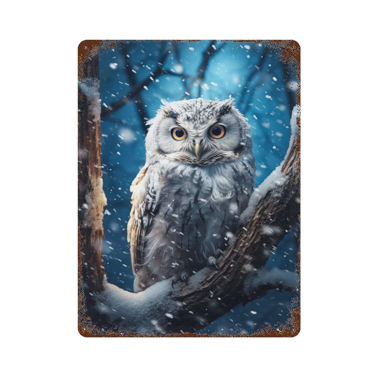 Retro Metal Sign White Owl in Snow 15.7"x11.8", Retro Wall Decor for Living Room, Hallway And Home Decor