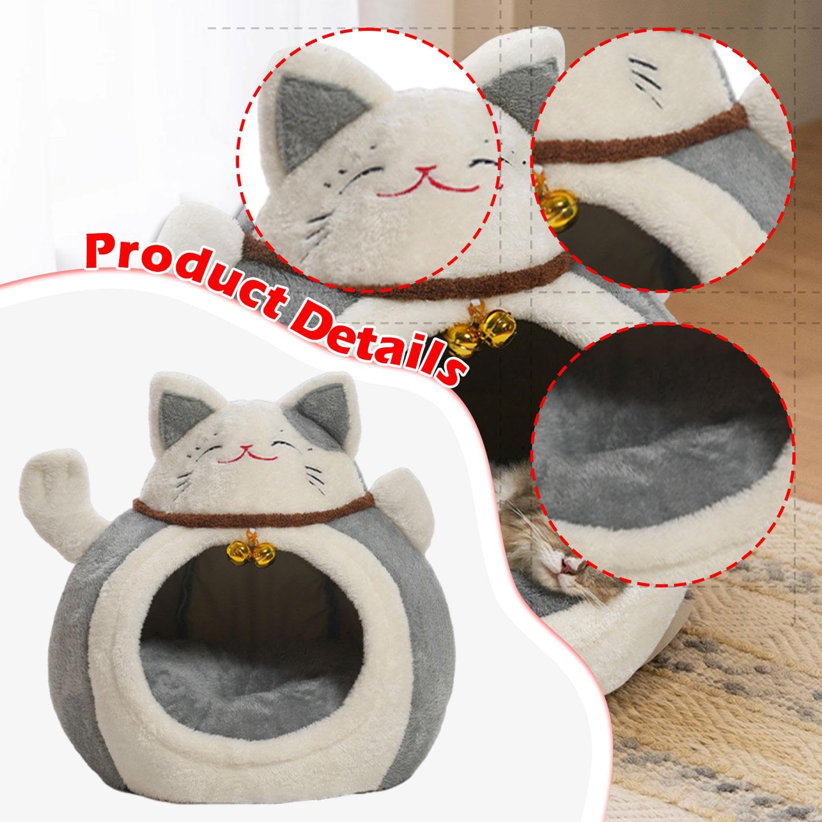 Milageto Niche pour Chat Multifonctionnelle, Abri pour Animal en Forme de Chat Porte-Bonheur, Maison Antidérapante et Confortable avec Clochette, Lit Doux en Coton PP pour Animaux de Compagnie, Gris L