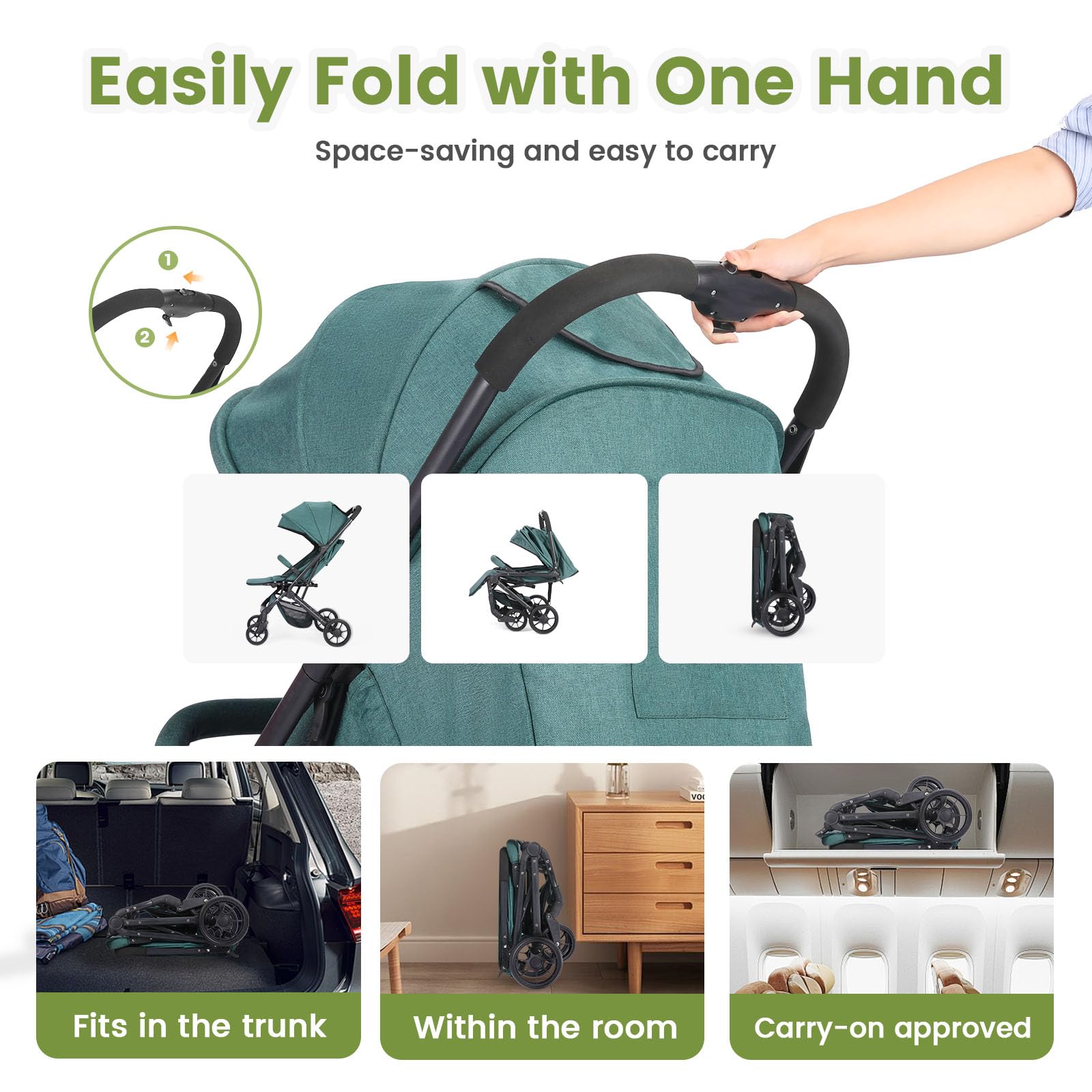 Cochecito de paseo plegable para niños, cinturón de seguridad regulable de 5 puntos, plegable con una mano, capota grande, robusto amortiguado todas las 4 ruedas, asiento espacioso, cesta de la compra