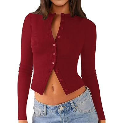 Matunana Womens Long Sleeve Tops Fall Lightweight Cardigan Cropped Going Out Shirts Ribbed Button Down Cute Trendy Clothes