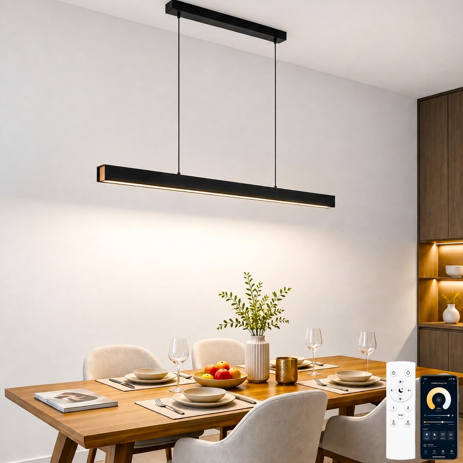 SENFAY Lámpara colgante LED Moderna Regulable, 80cm Iluminación colgante Negro con Control Remoto, 32W Lampara Colgante Isla Cocina Diseño lineal altura ajustable Para Comedor, Cocina, Oficina | Diseño Lineal, 3 Colores Claros, Regulable, Altura Ajustable