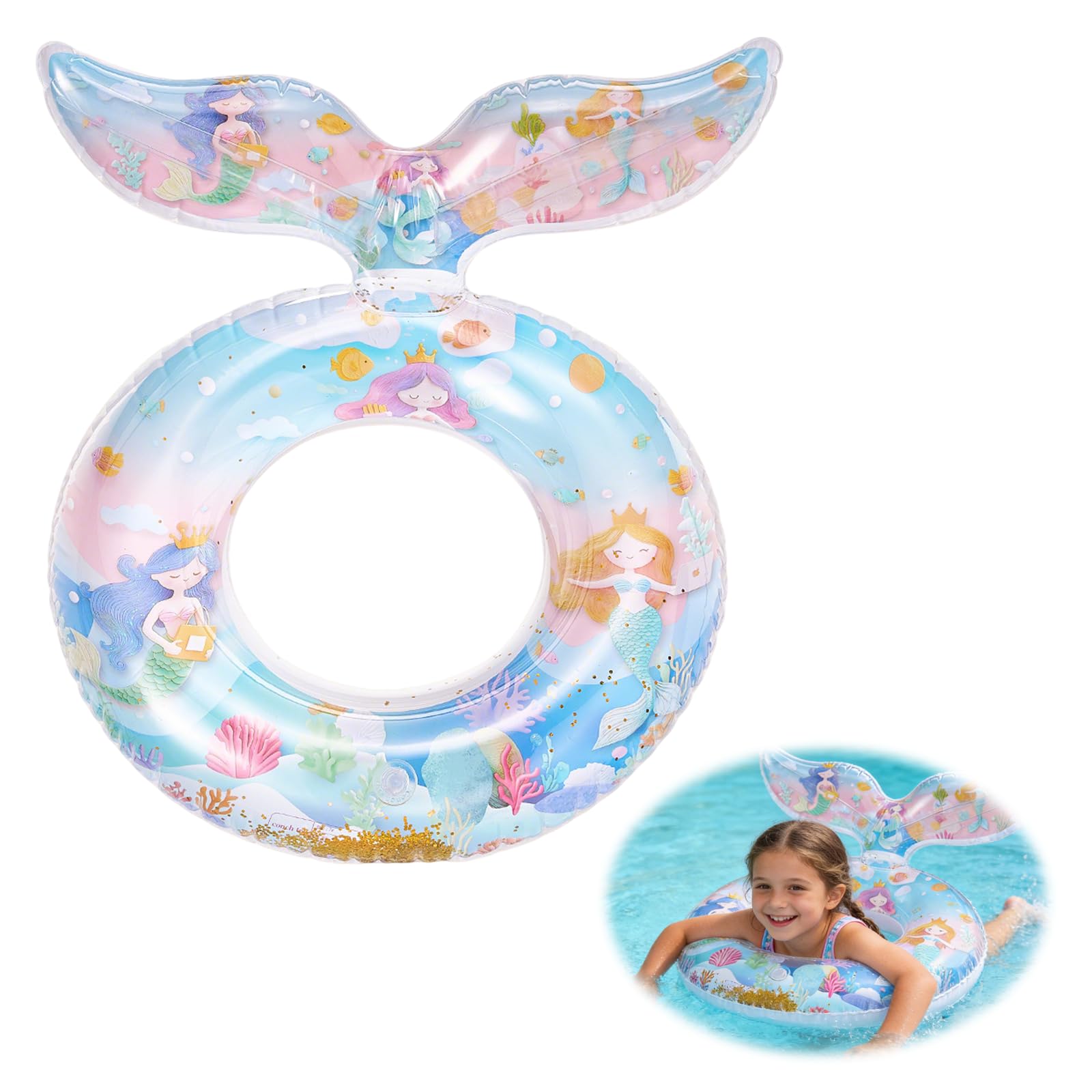 Falafoty Mermaid Inflatable Float Ring for Kids, Glitter Fishtail Swim Ring Inflatable Pool Float, Inflatable Float Raft Pool Accessories,Summer Outdoor Beach Pool Party Water Sport Toy (Mermaid 70#)