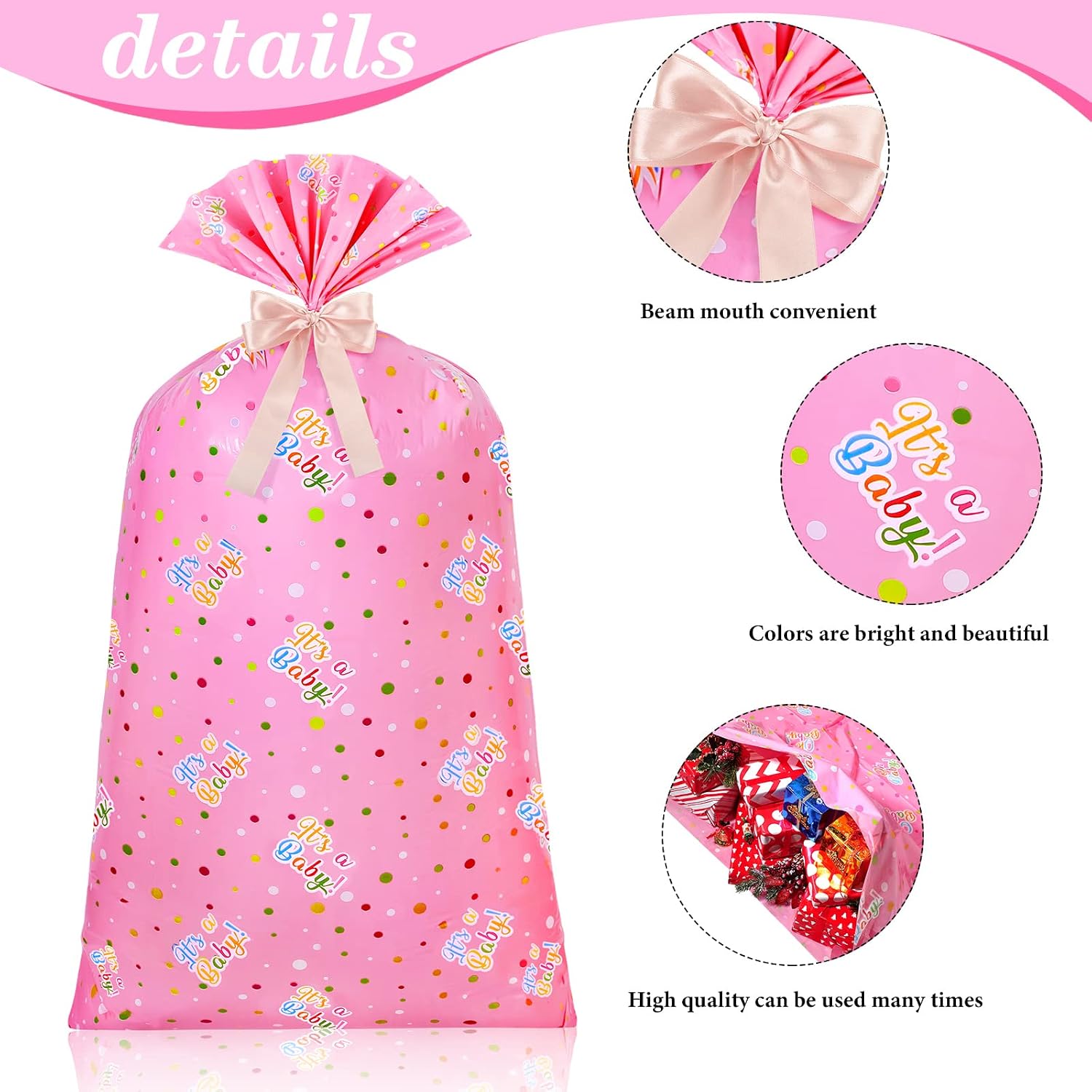Teling 2 Pcs 70'' x 40'' Large Birthday Pink Plastic Gift Bags image 3