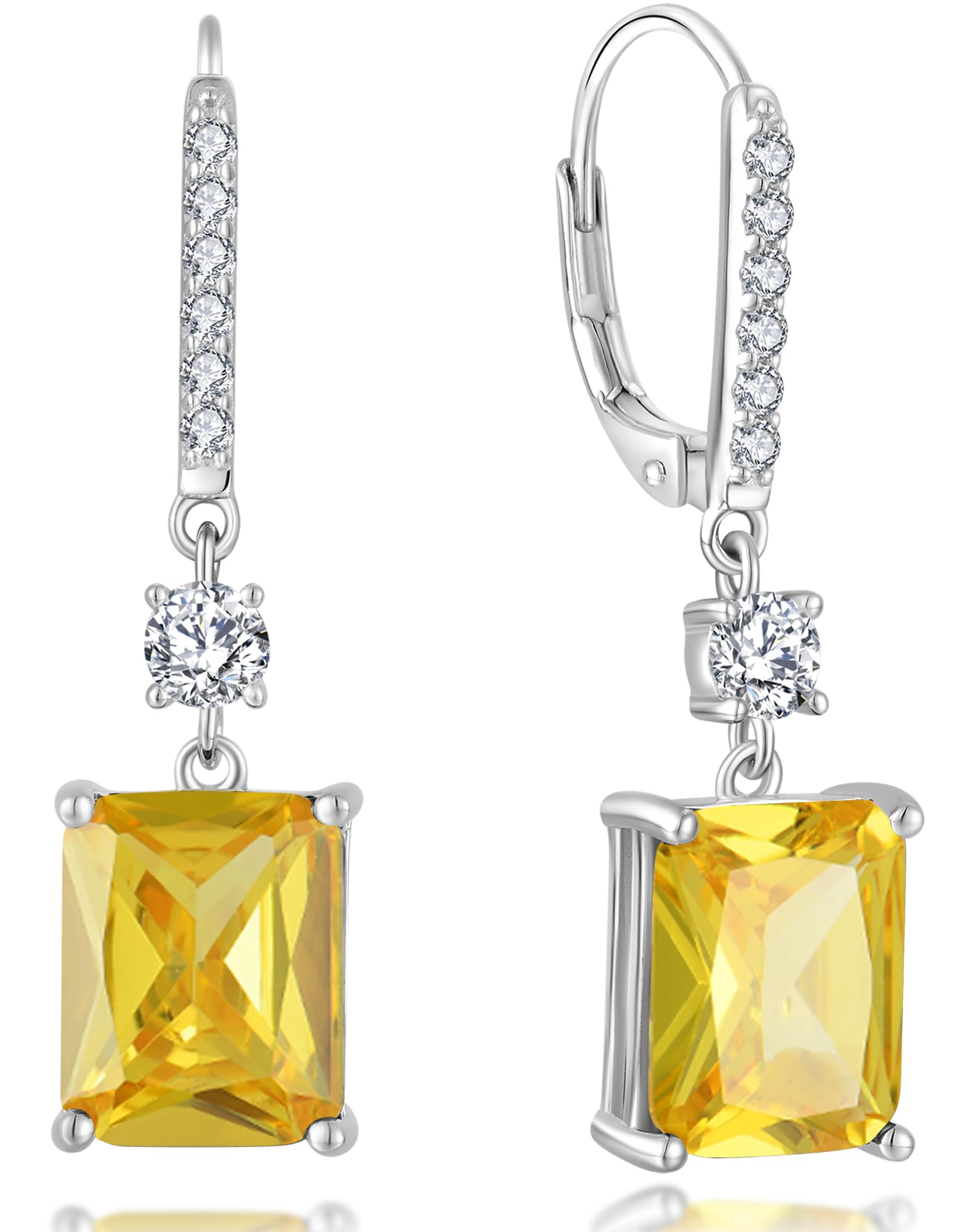 YL Princess Emerald Cut Dangle Earrings for Women, Solid 925 Sterling Silver 18K White Gold Plated Square Birthstone Halo Leverback Jewelry Gifts