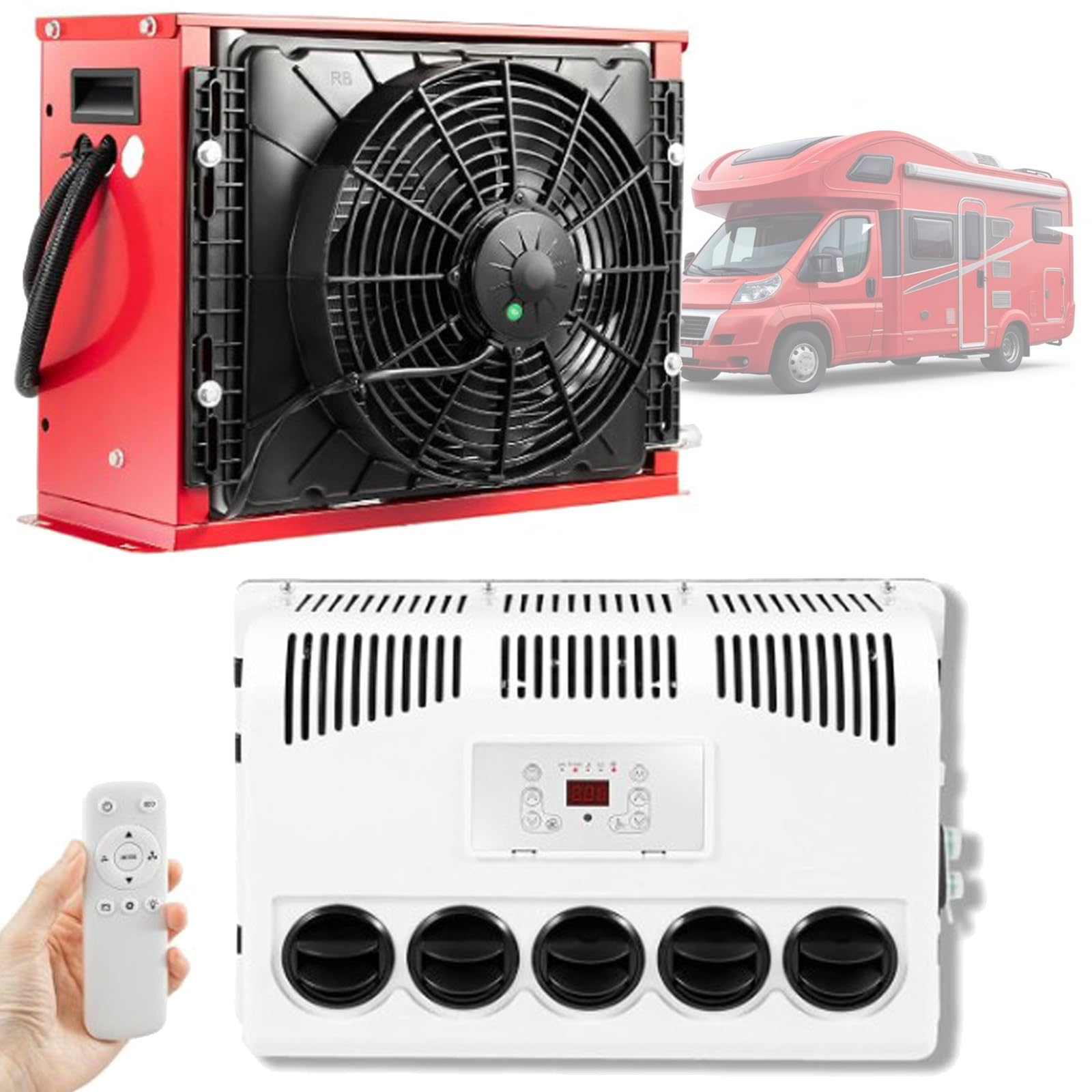 Quixnova 12V/24V Electric Split Air Conditioners for Rvs, Trucks, Construction Vehicles, Excavators, Harvesters, RV Truck Cab Air Conditioner Split Air Conditioner - Remote Control Red-12V