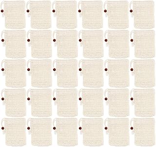 Soap Bag, Natural Sisal Soap Exfoliating Bags Mesh Soap Saver Pouch with Drawstring for Shower Bath, Foaming and Drying Soaps (30 PCS with Wooden Beads)