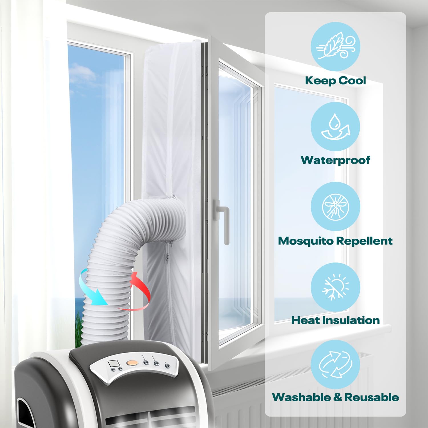 Mrrihand Kit Calfeutrage Climatiseur Fenêtre Joint 400cm avec Fermeture à Glissière, Liens de Fixation, Bande Adhésive, Joint de Fenêtre pour Climatisation Mobiles étanche, Facile à Installer