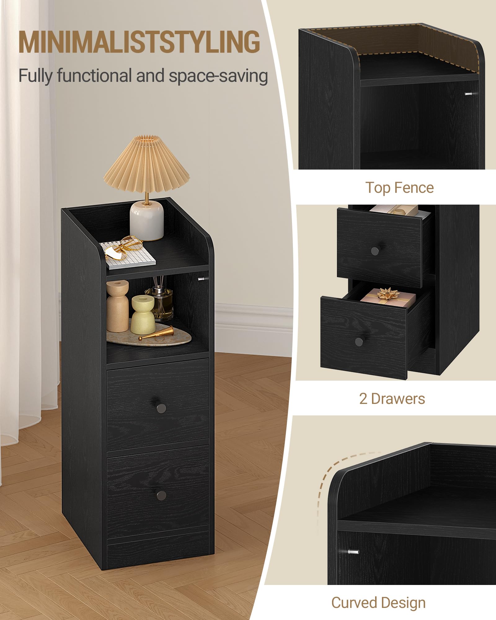 Hzuaneri Mesilla de Noche de 2, Mesas Auxiliares con 2 Cajones, Negro | Protector Superior, para Espacios reducidos, para Dormitorio, Salón, 30 x 24 x 65 cm, NS62204X