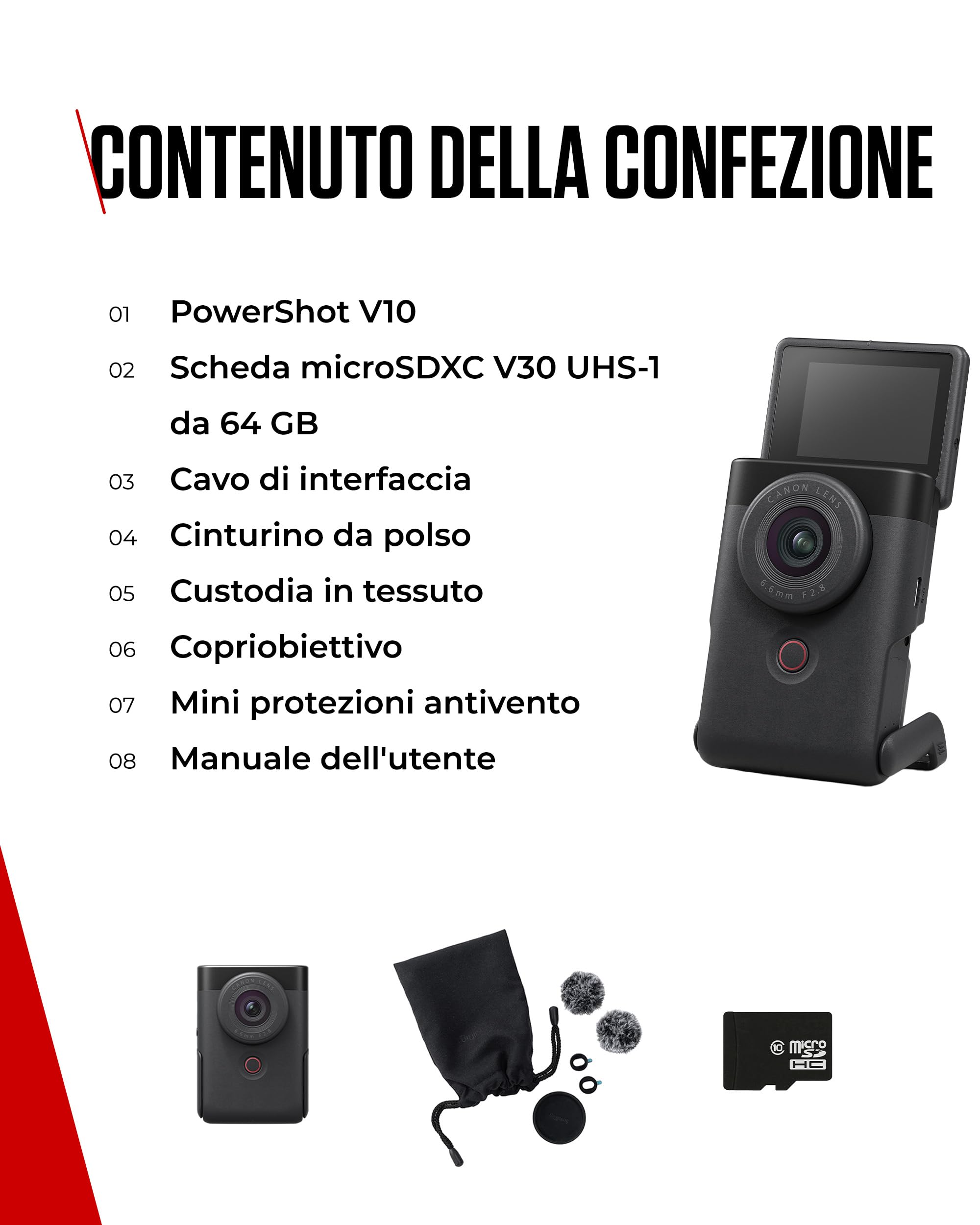Canon PowerShot V10 Starter Kit per Vlogging - Videocamera 4K UHD Tascabile - Videocamera Digitale con Bluetooth, Wi-Fi - Schermo Inclinabile, Microfoni Stereo, Filtro Anti Vento, Nero
