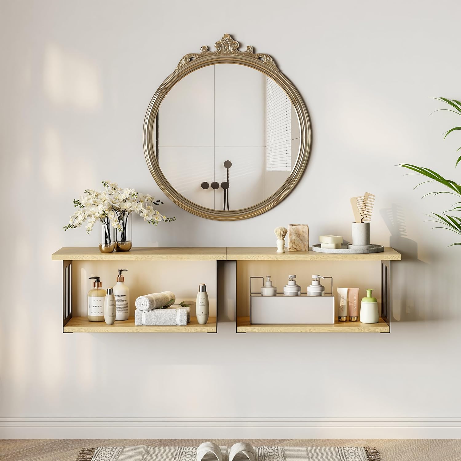 Floating Nightstand Set of 2, 2-Tier Floating Shelves Wall Mounted,Floating Bedside Table Wall Shelf,Display Wall Shelves for Bedroom,Living Room, Bathroom, Kitchen, Natural Natural Oak
