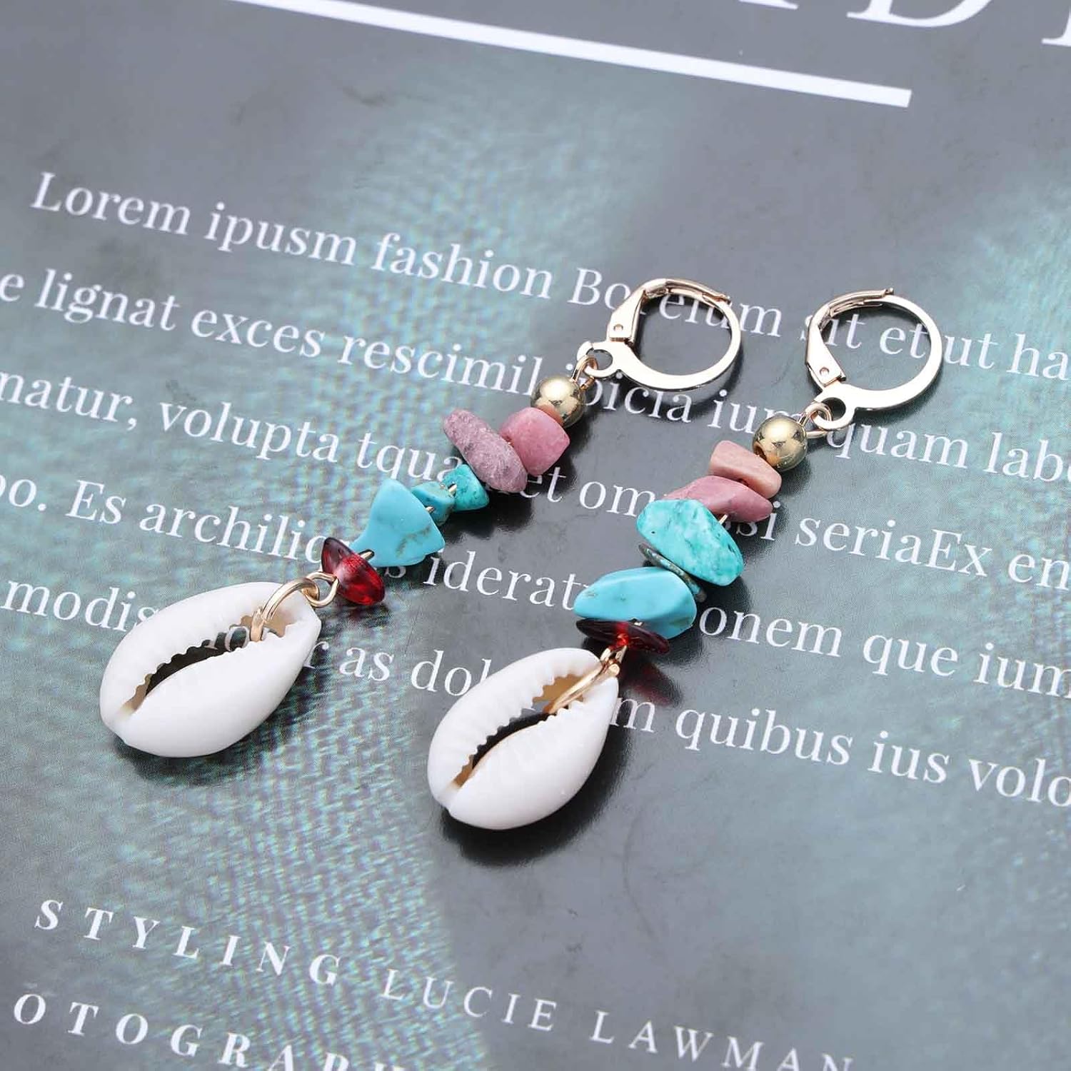 Boho Shell Drop Earrings Gold Cowrie Shell Earrings Vintage Colorful Stone Dangle Earrings Summer Beach Shell Hoop Earrings Jewelry for Women - Image 6