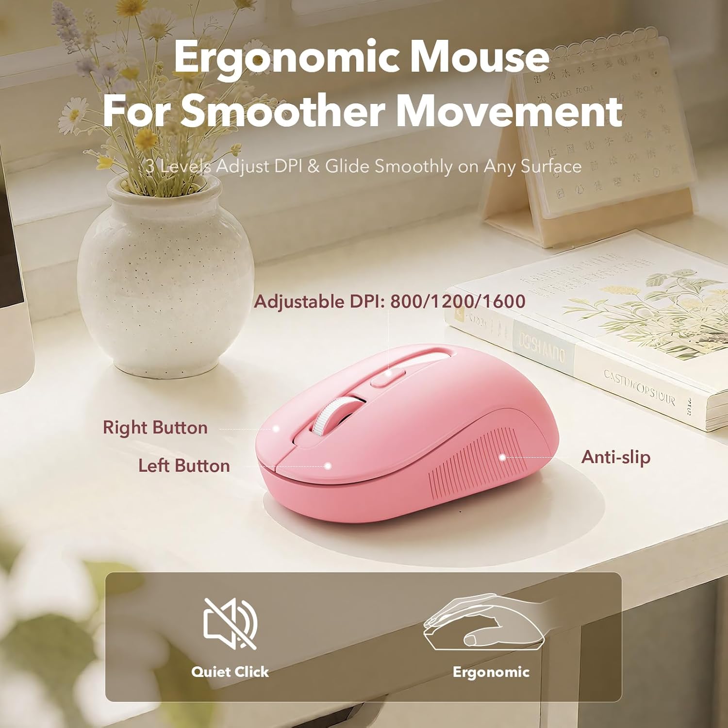 Wireless Keyboard and Mouse Combo, Cute Retro Typewriter Keyboard with Round Keycaps and Magnetic Wrist Rest, Full-Size 2.4GHz Cordless for Mac, Windows PC, Laptop, SABLUTE CK23, Pink Multi-Color