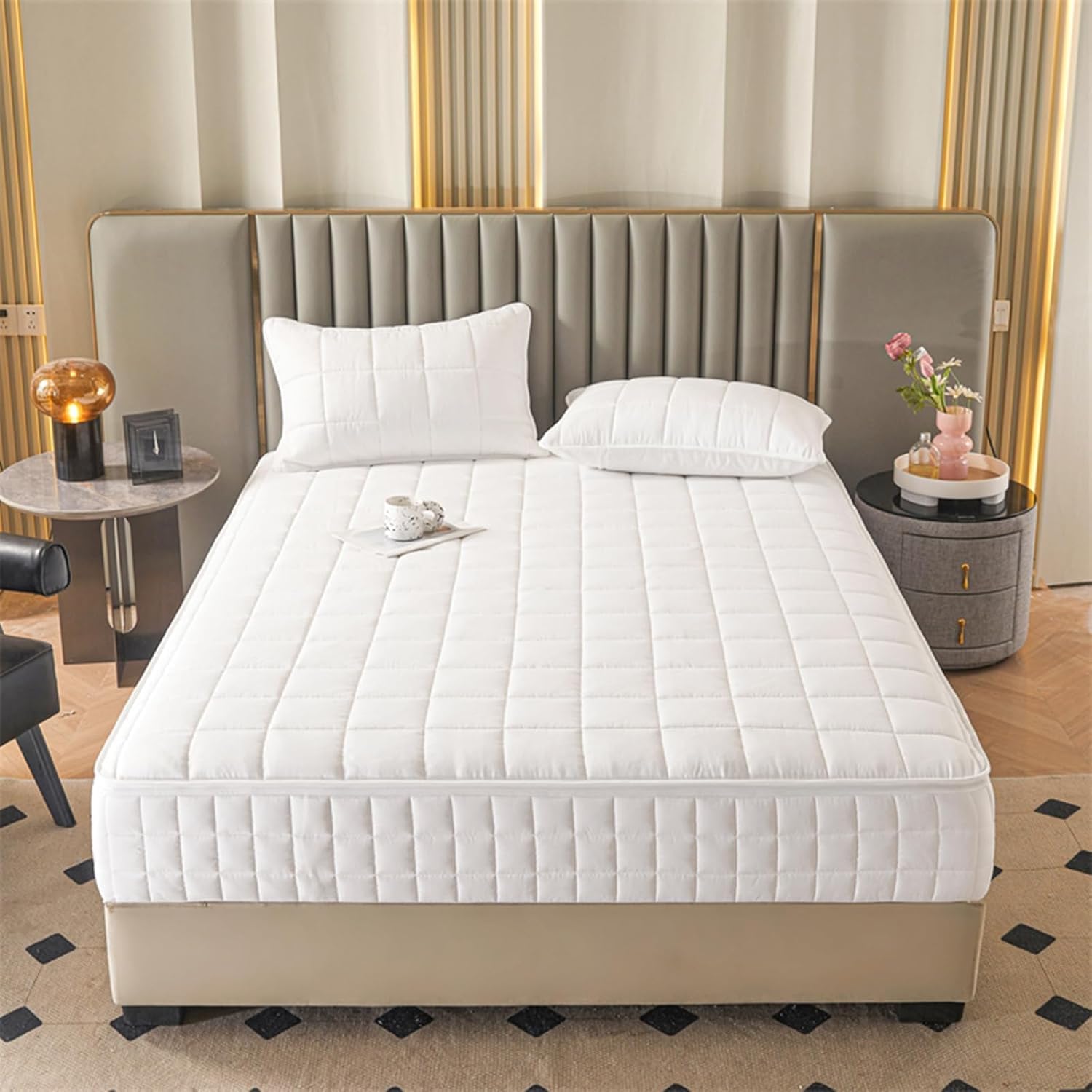 Mattress Cover with Zip Quilted Mattress Protector Mattress Topper Cover 360° Fully Total Encasement Fitted Sheet Cover Washable Removable-C-150×200+15cm