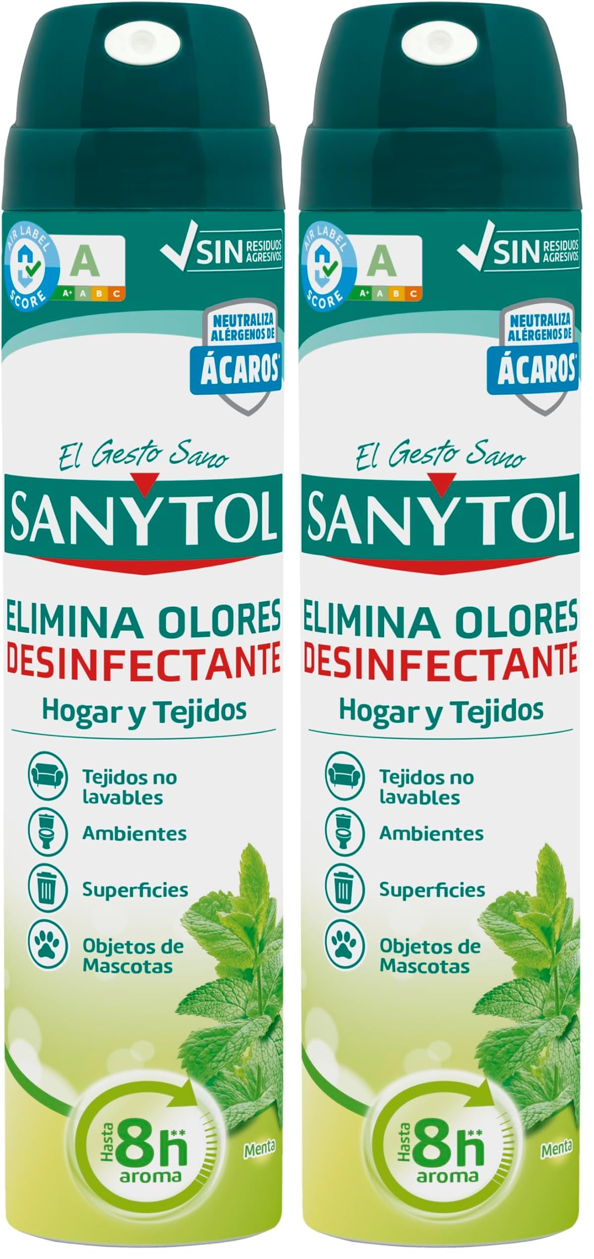 Sanytol – Ambientador Desinfectante Hogar y Tejidos en Spray, Elimina Bacterias, Hongos y Virus, Neutraliza Malos Olores, Aroma, Menta – 300 ml (Paquete de 2)