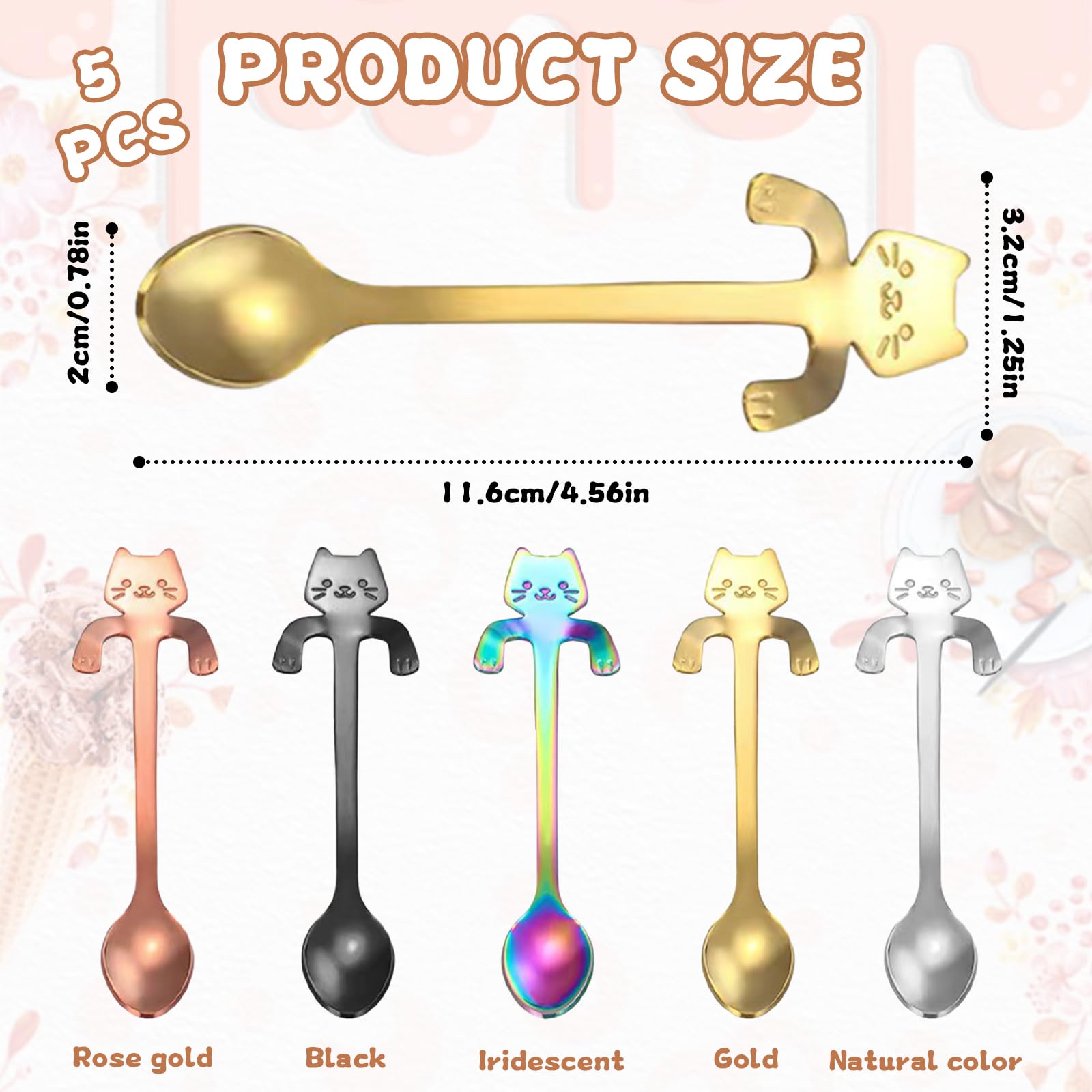 Set 6 Cucchiaini Da Tè In Acciaio Inox Con Design Gatto | Mini Cucchiai Colorati Per Caffè, Dessert E Bevande