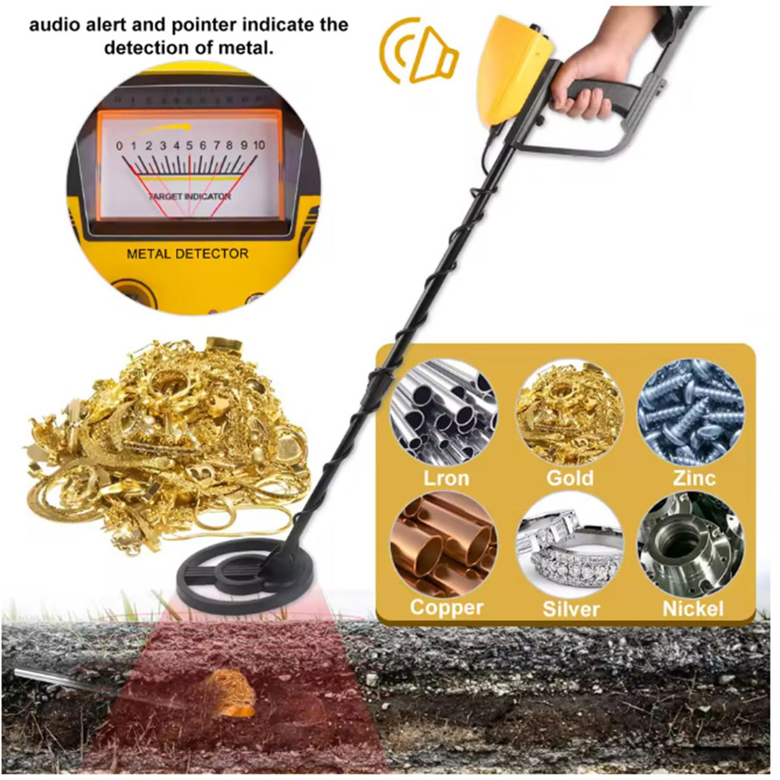 Detector de metales subterráneo, pantalla de puntero analógico, suelo