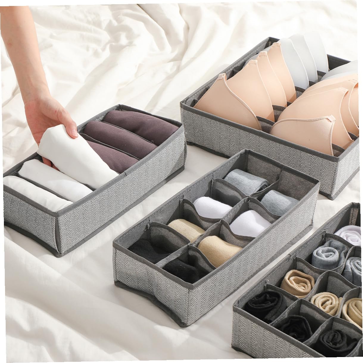 Set 4 Pezzi Divisori Pieghevoli per Cassetti Oxford e Non Tessuto Grigio Organizer per Armadio e Biancheria Intima Capacità Rinforzata Contenitori per Calzini Mutandine e