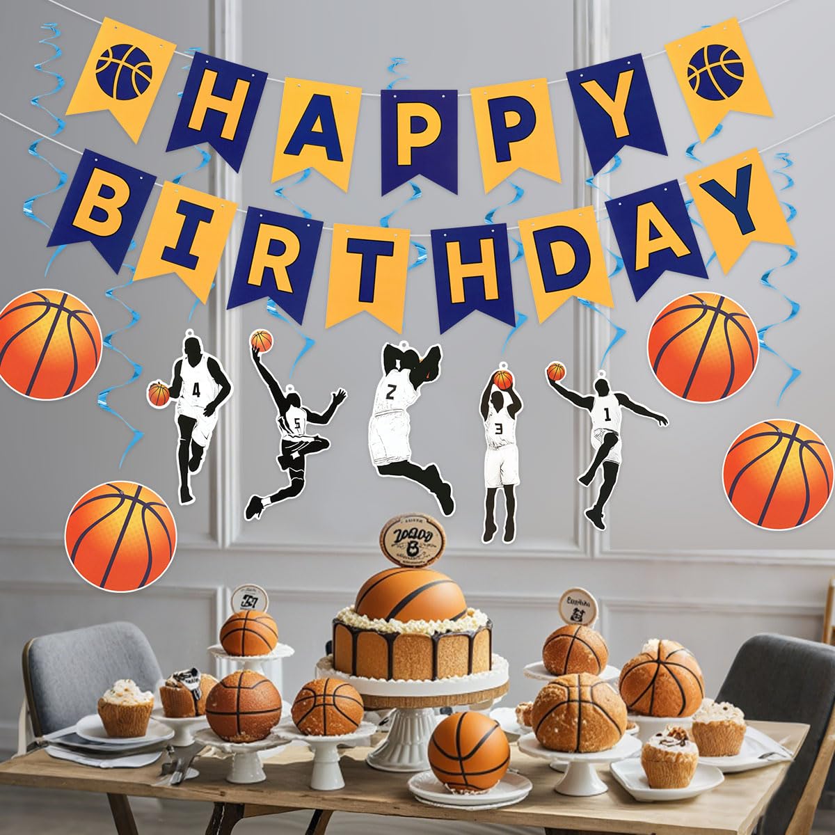 Juego de decoraciones de fiesta de cumpleaños de baloncesto para niños, pancarta de feliz cumpleaños, remolinos colgantes para niños y hombres, juego de baloncesto, tema deportivo, baby shower, fiesta