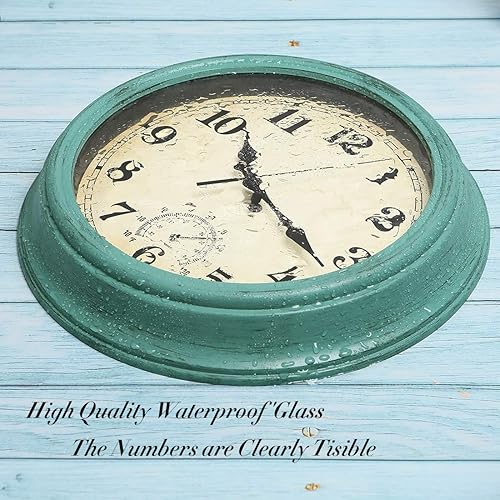 Miniatura 5 de Reloj de pared impermeable retro de 12 pulgadas para interiores y exteriores con termómetro, funciona con pilas, reloj de cuarzo silencioso sin
