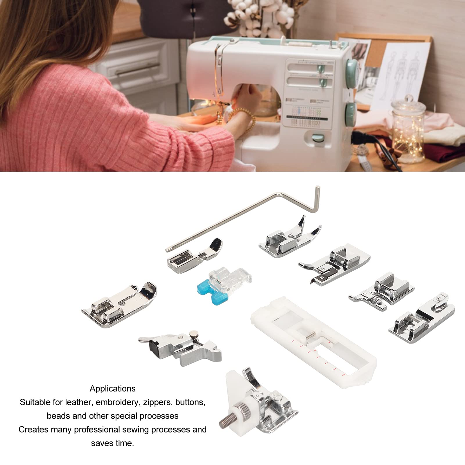 Juego de 10 prensatelas for máquina Coser con buscador, Profesionales Multiusos for Bordar Cremalleras Cuero