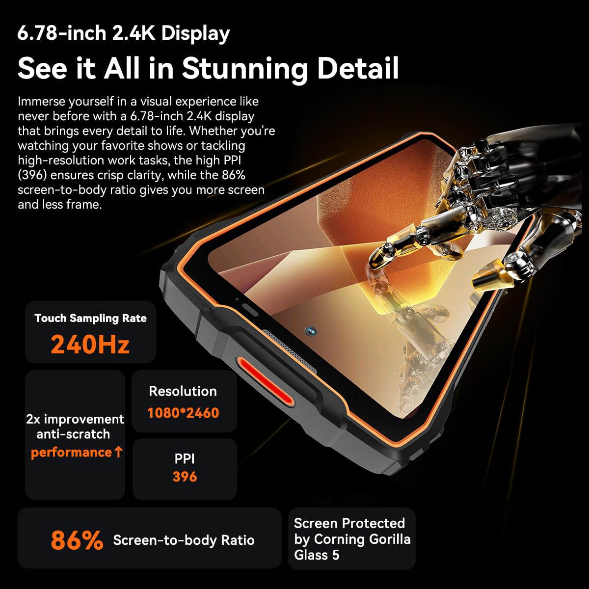 Blackview 5G Téléphone Portable Incassable, 24Go+256Go/2To Telephone AI Android 15, 6.78" FHD+, 50MP AI Caméra, 7500mAh Smartphone Incassable Etanche, 4G&5G,NFC,OTG,GPS,Gemini AI 2.0, Orange