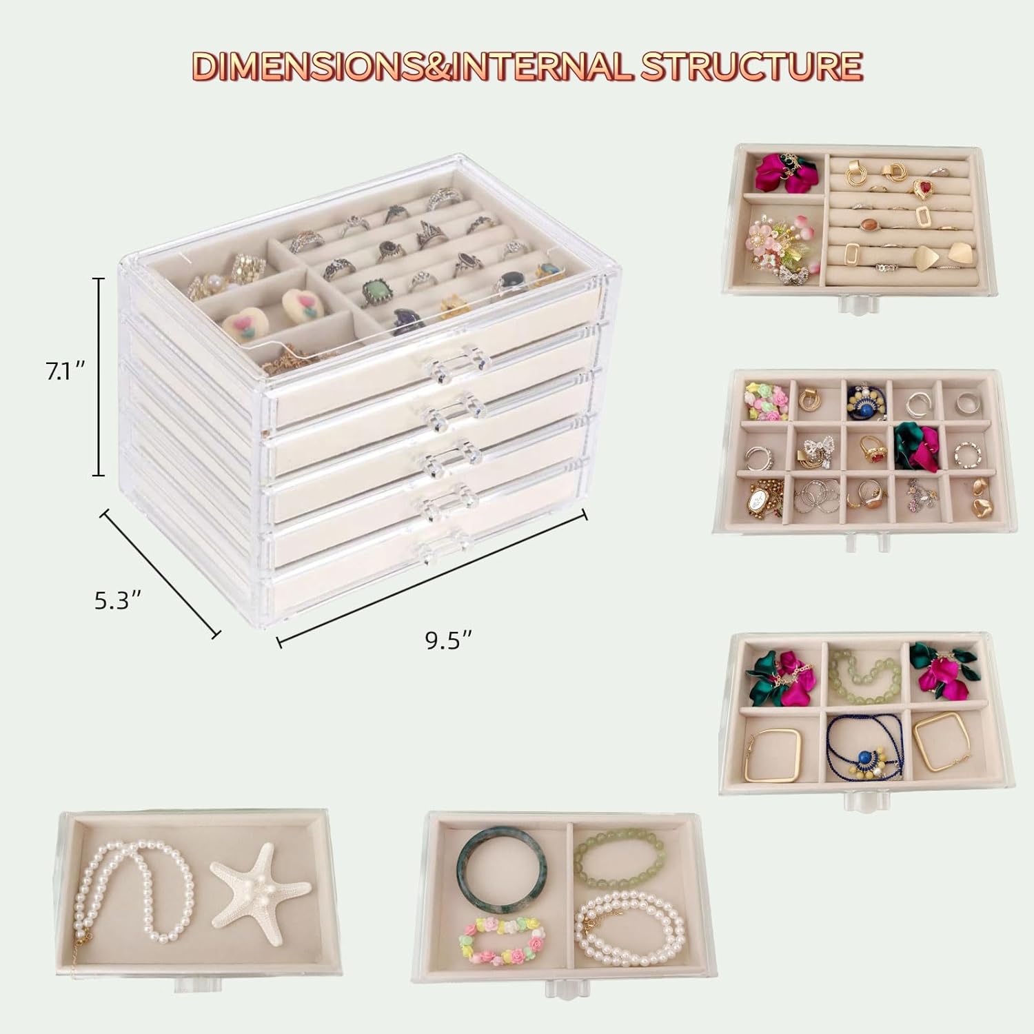 Clear Acrylic Jewelry Organizer with 5 Drawers, Acrylic Jewelry Box with Velvet Trays for Women, Transparent Earrings Display Holder for Storing Necklaces Earrings Rings, Beige - Image 6