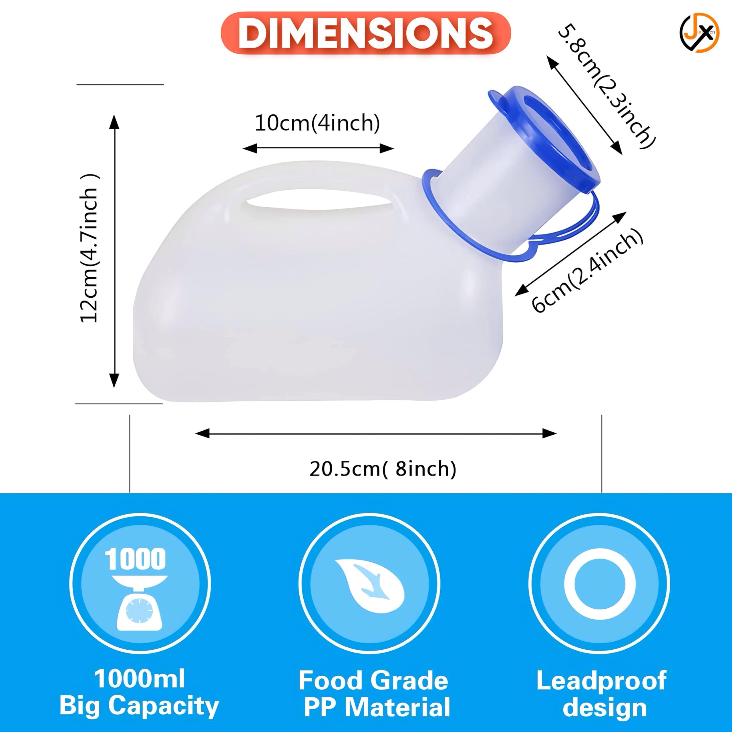 JimXen 1000ML Unisex Urinal Bottle Portable Pee Funnel with Sealed Lid for Men & Women | Reusable Toilet for Travel, Car, Camping, Home, Hospital & Emergency Use - Image 2 thumbnail