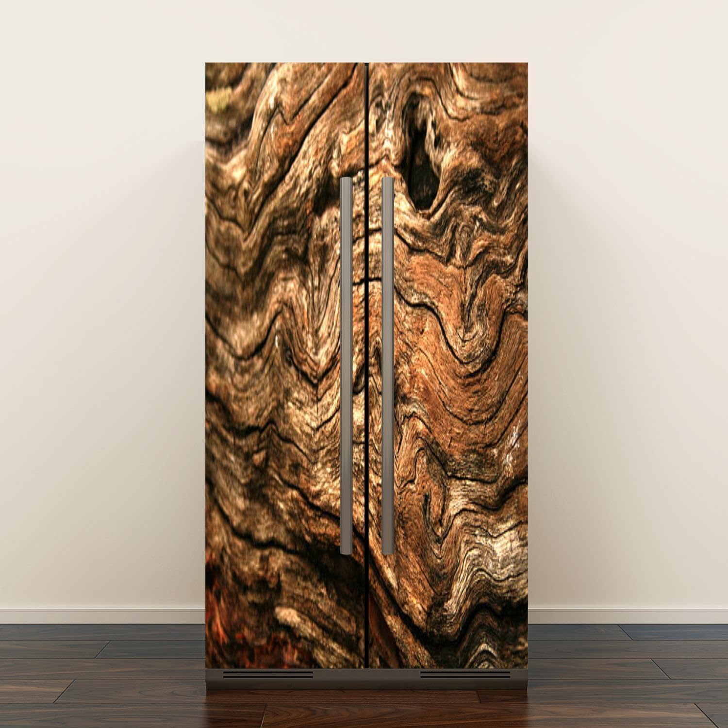 Self Adhesive Vinyl Refrigerator Wrap Set Gnarly Wood Texture Door Mural Removable Fridge Sticker Peel and Stick Decal Rustic Kitchen Decor, Style 2