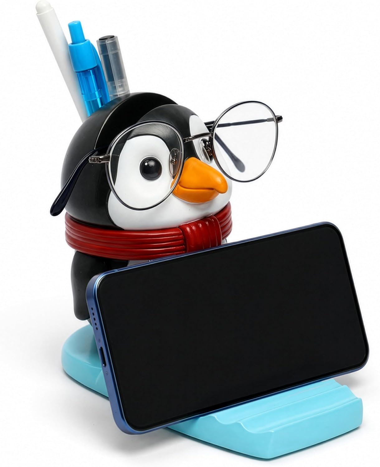 Penguin Gifts for Women and Men — Pengo Mate Penguin Glasses Holder and Desk Organizer, Cute Penguin Desk Accessories with Phone Stand and Pen Holder