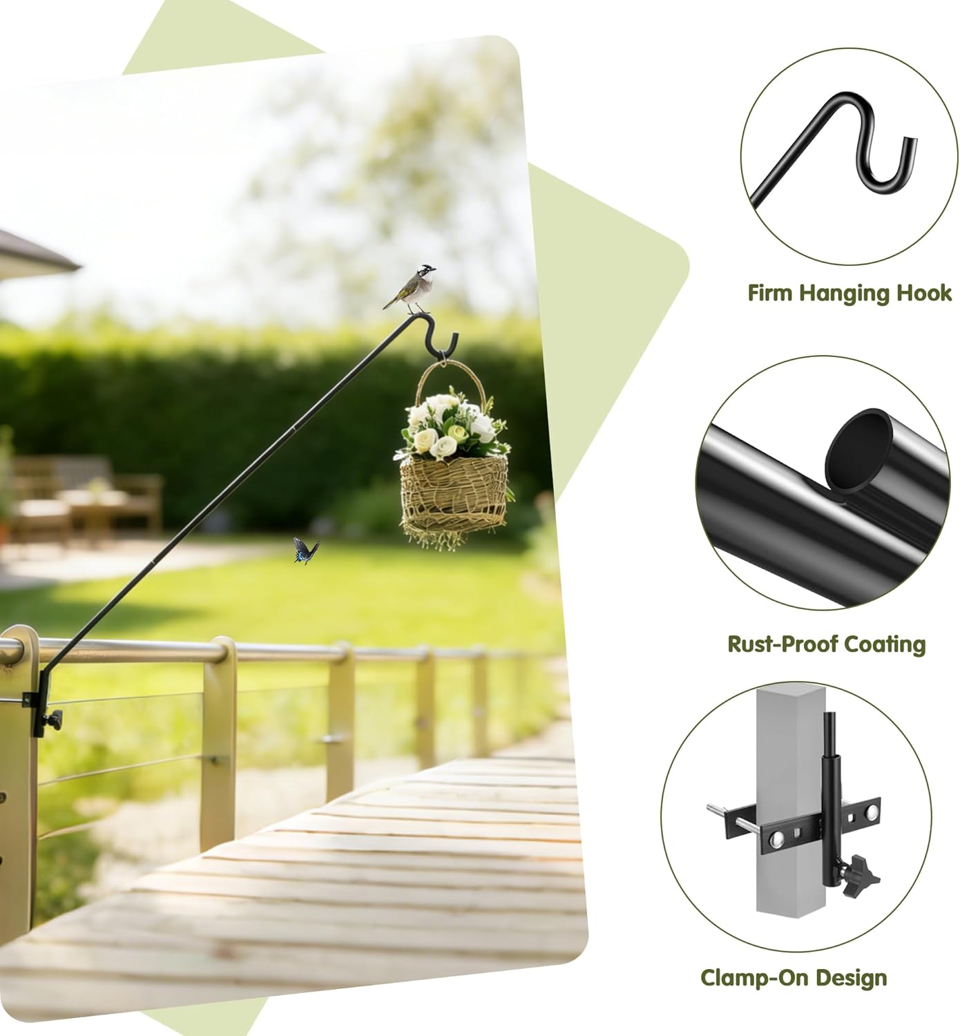 2 Packs Extended Fence Deck Heavy Duty Bird Feeder Hook, 360 Degree Rotary and Length Adjustable Plant Bracket for Bird Feeders Planters Suet Baskets Lanterns Wind Chimes and More