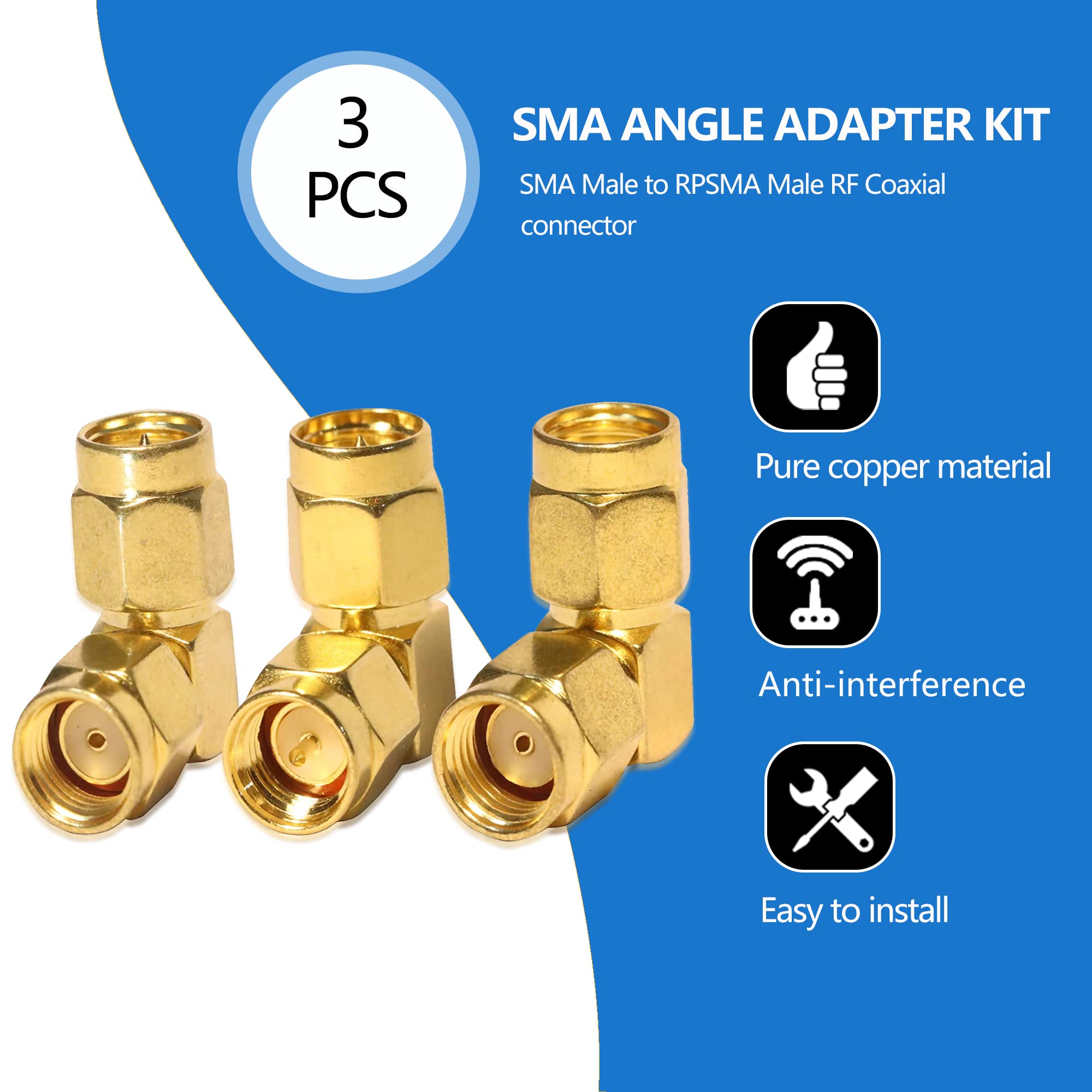 TUOLNK SMA maschio a SMA maschio Kit connettore ad angolo retto da 90 gradi SMA maschio a RP SMA maschio Connettore coassiale 90 gradi SMA maschio Adattatore convertitore Confezione da 3