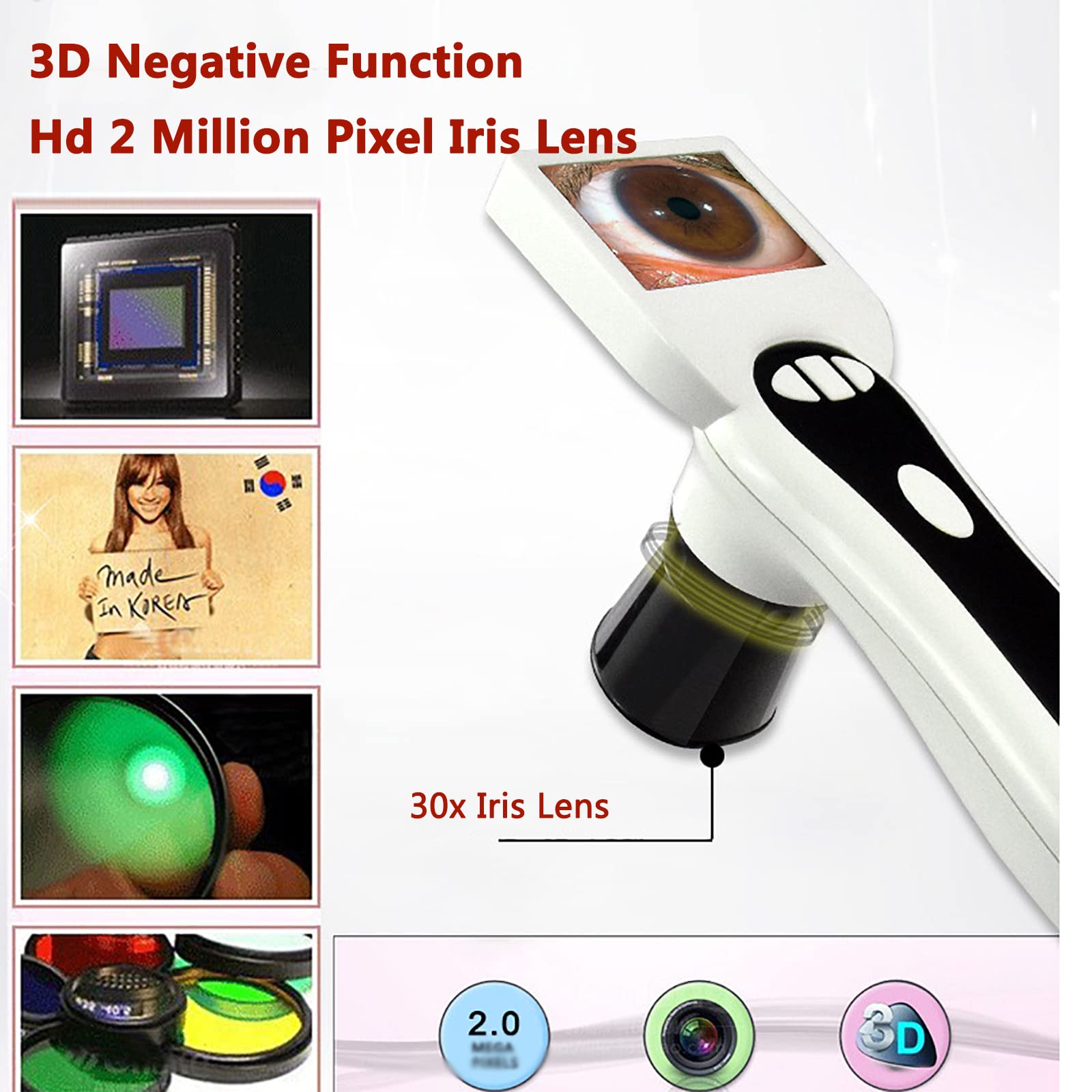Cámara de iridología 30X, analizador Ocular de diagnóstico de iroscopio 3D con 2 megapíxeles y Espectro Natural LED, Pantalla de Imagen Dual, para salón de Belleza Hospital