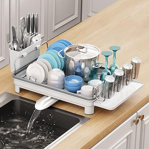 Ewaiira Escurridor de platos estante de acero inoxidable organizador de fregadero y juego de escurridor con soporte de taza de diseño de drenaje