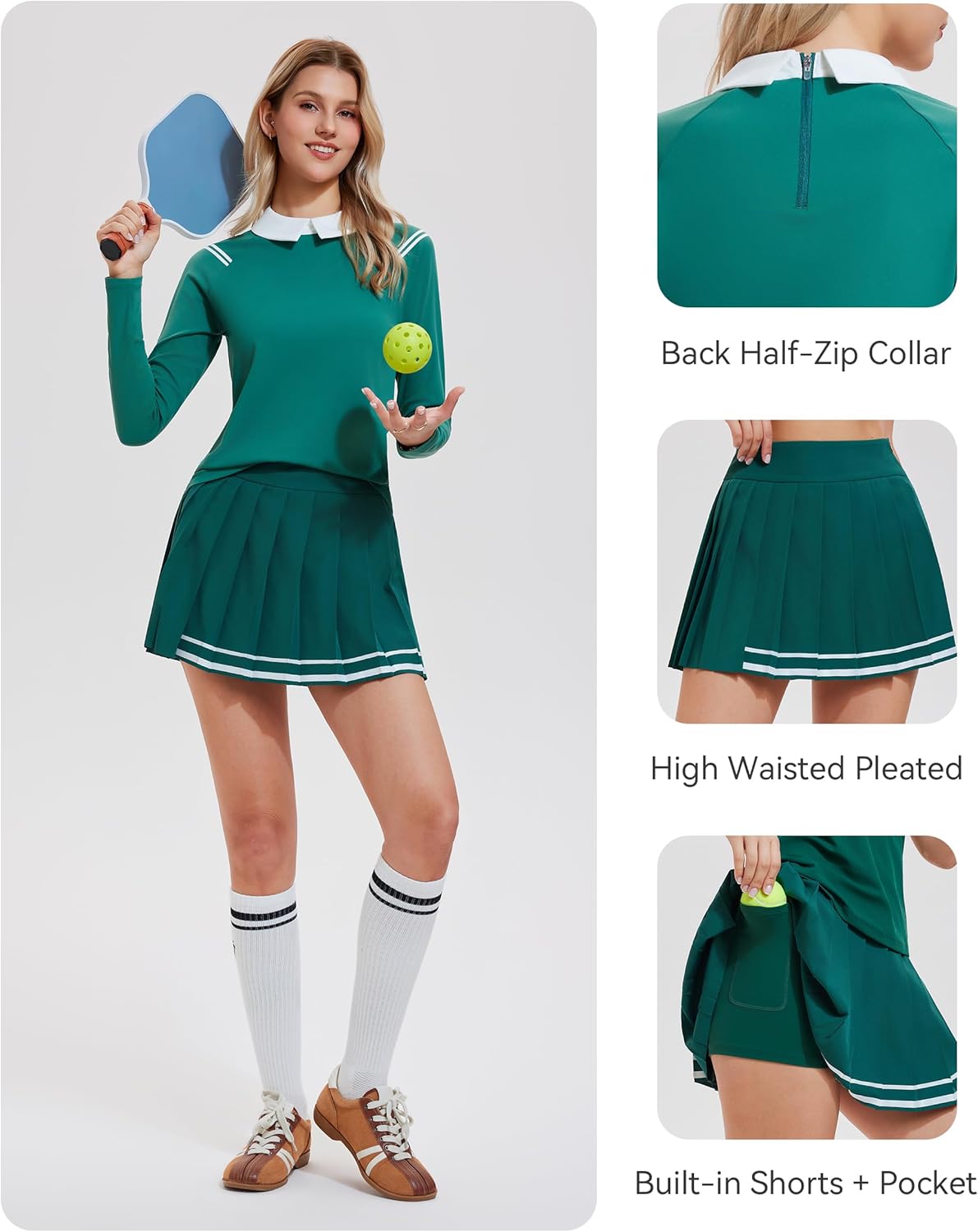 Mudere Womens Tennis Skirt Set Collared Top with Back Half Zip High Waisted Pleated Skort with Shorts, Golf Pickleball Outfit