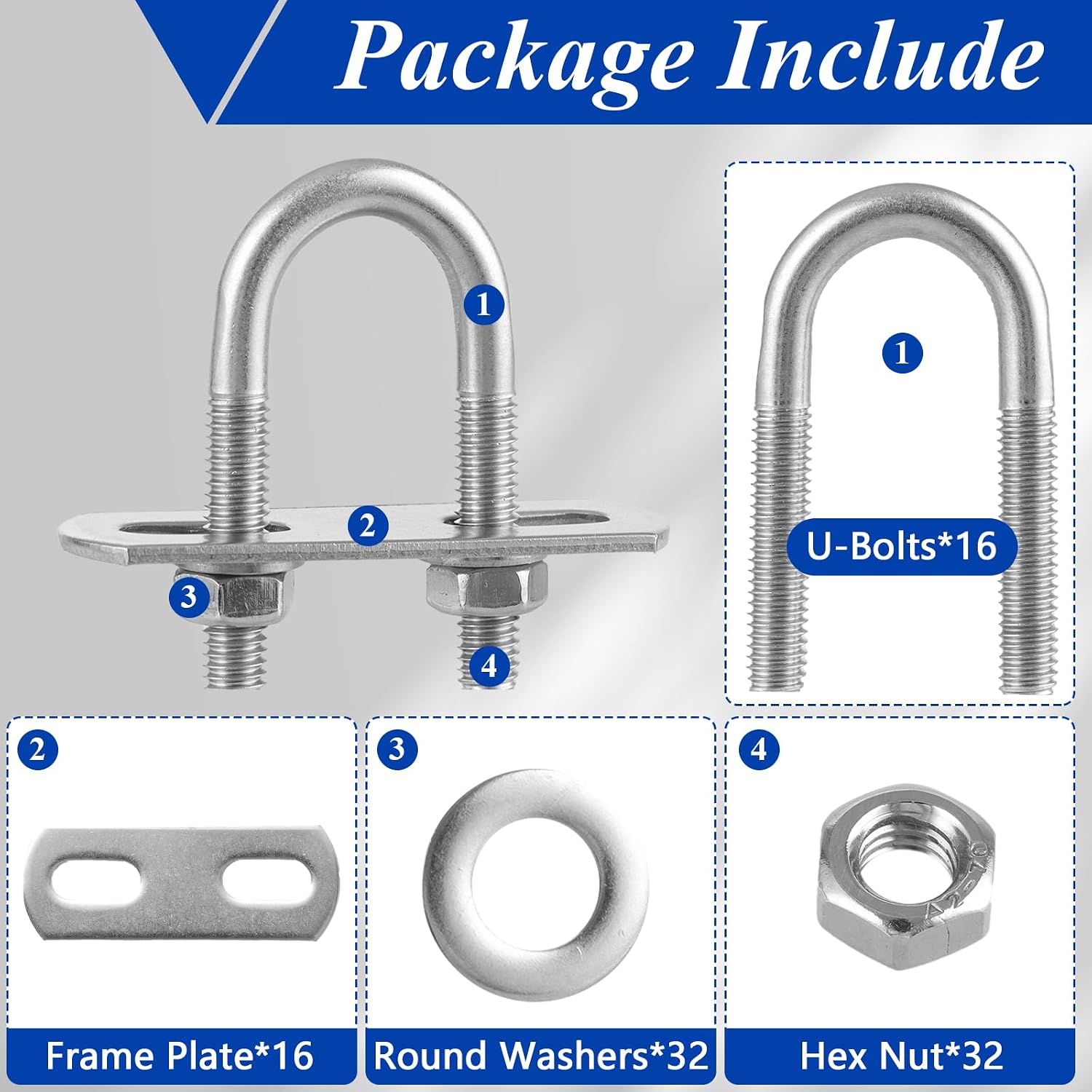 CertBuy 16 Pack U-Bolts 16mm Inner Width 46mm Length Stainless Steel U-Bolts with Washers and Nuts Replacement Parts and Accessories