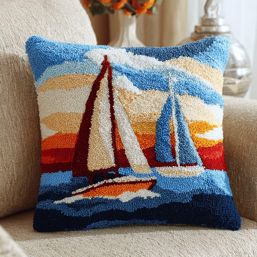 AxiangziK Latch Hook Cushion Kits,Sailboat DIY Needlework Pillow Cover Cushion Rug Making Kit,17X17Inch Handmade Embroidery Kits, Decorative Throw Pillow Cover for Sofa Cushions, Bedroom Decor