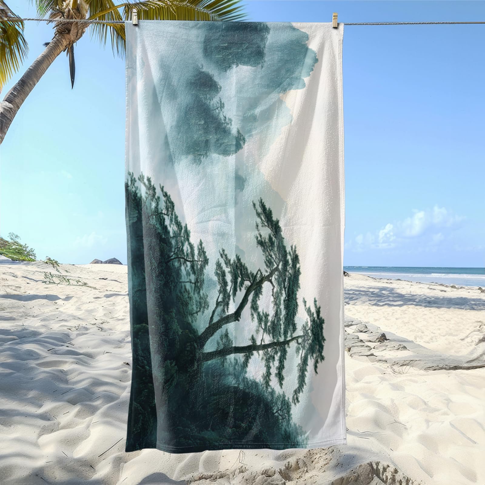 Serviette de Plage Arbre Vert Beige Drap de Plage Anti Sable Portable Serviette de Bain XXL Piscine Toilette Sport Microfibre Ultraléger Towel Absorbant Séchage Rapide 200x220cm
