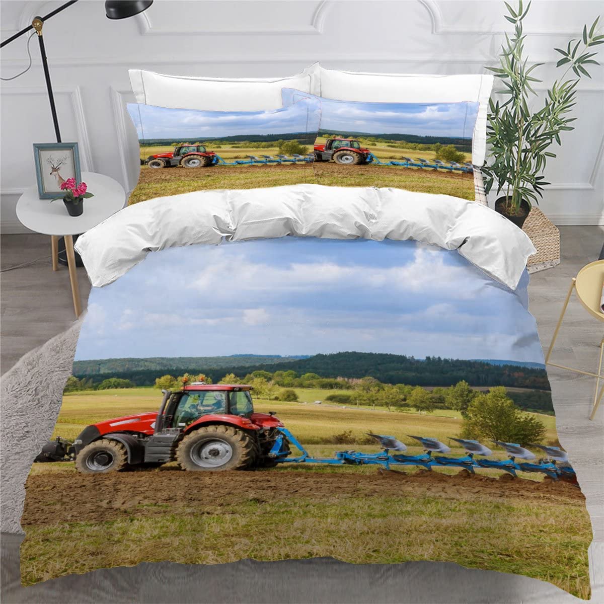 Luoru Boys L140 Tractor Bedding Set Wheat Field Harvester,Farm Machine Teenage Duvet Cover And Fluffy Pillow Cases 2 Pack, Teenager's Room Duvet Cover Set Double Retro Car Bedding