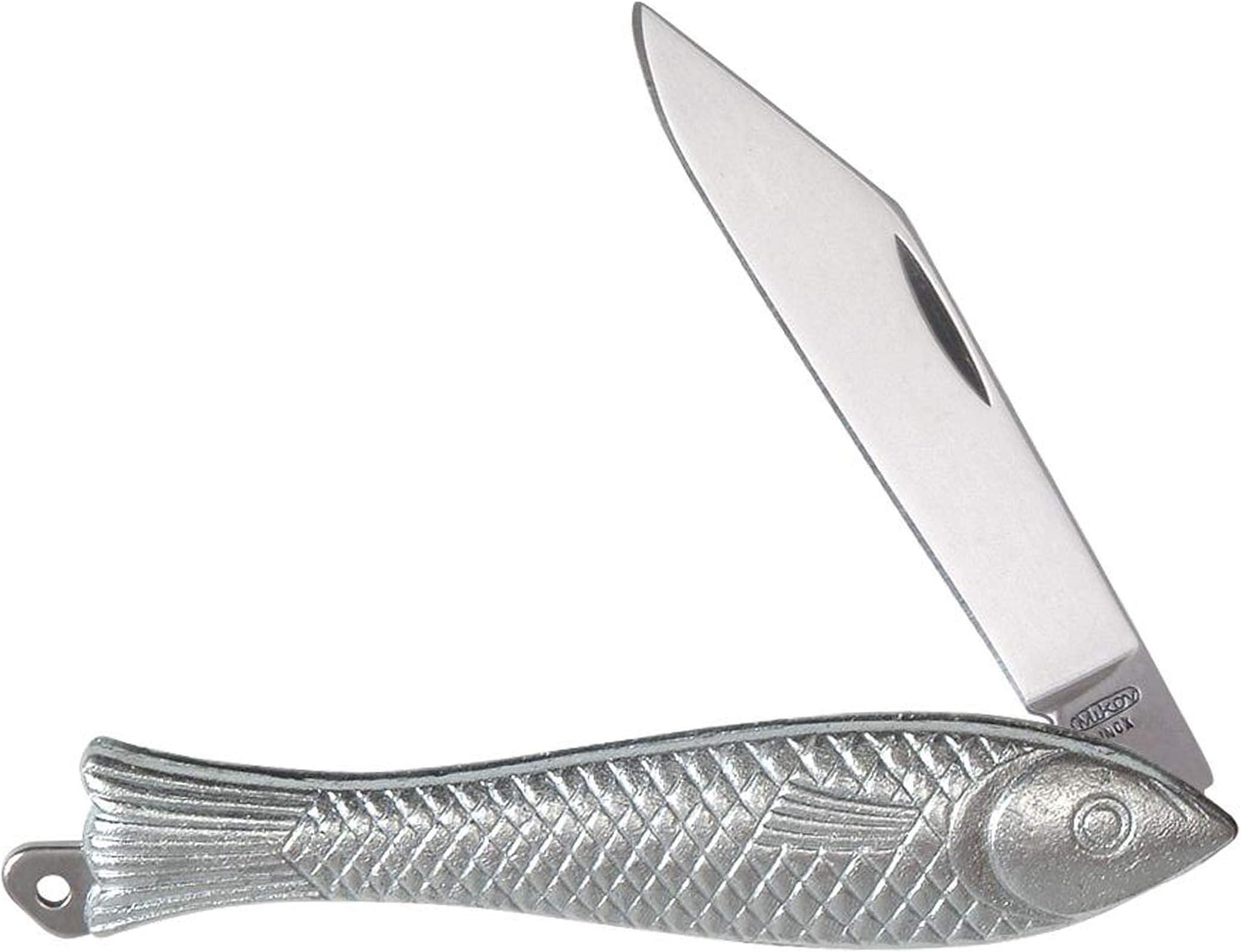 Mikov Classic Silver Fish Knife - Iconic Small Pocket Knife for EDC - 420 Stainless Steel Blade - Durable utility keychain knife - Original Czech Rybicka
