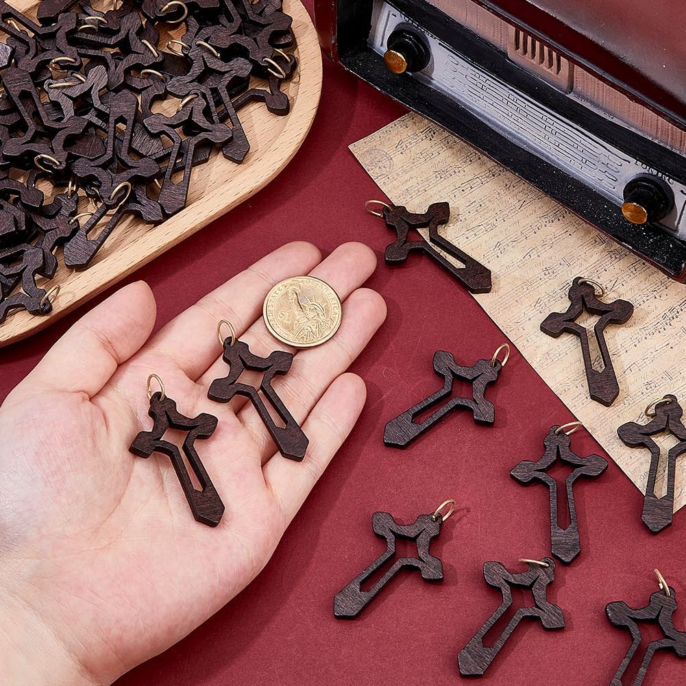 SUPERFINDINGS 50Pcs Wood Cross Charms Wooden Cross Pendants Christian Charms Wooden Crucifix Pendants Jesus Crucifix Charm Wood Christian Pendant for Jewelry DIY - Image 3