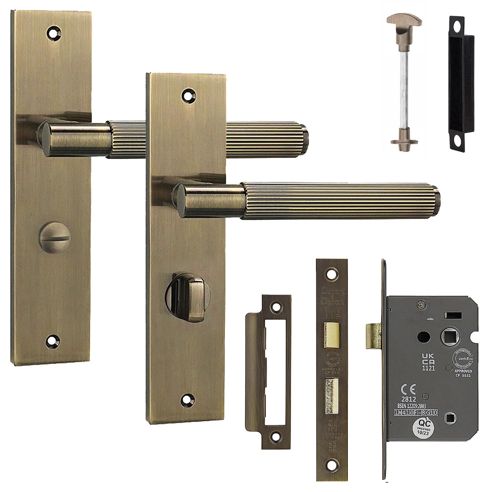 Decoranddecor Hera Antique Brass Lever On Backplate Knurled Door Handles with Bathroom Thumb-Turn and 2.5in Fire-Rated Internal Lock Mechanism – Secure Internal Door Hardware Set