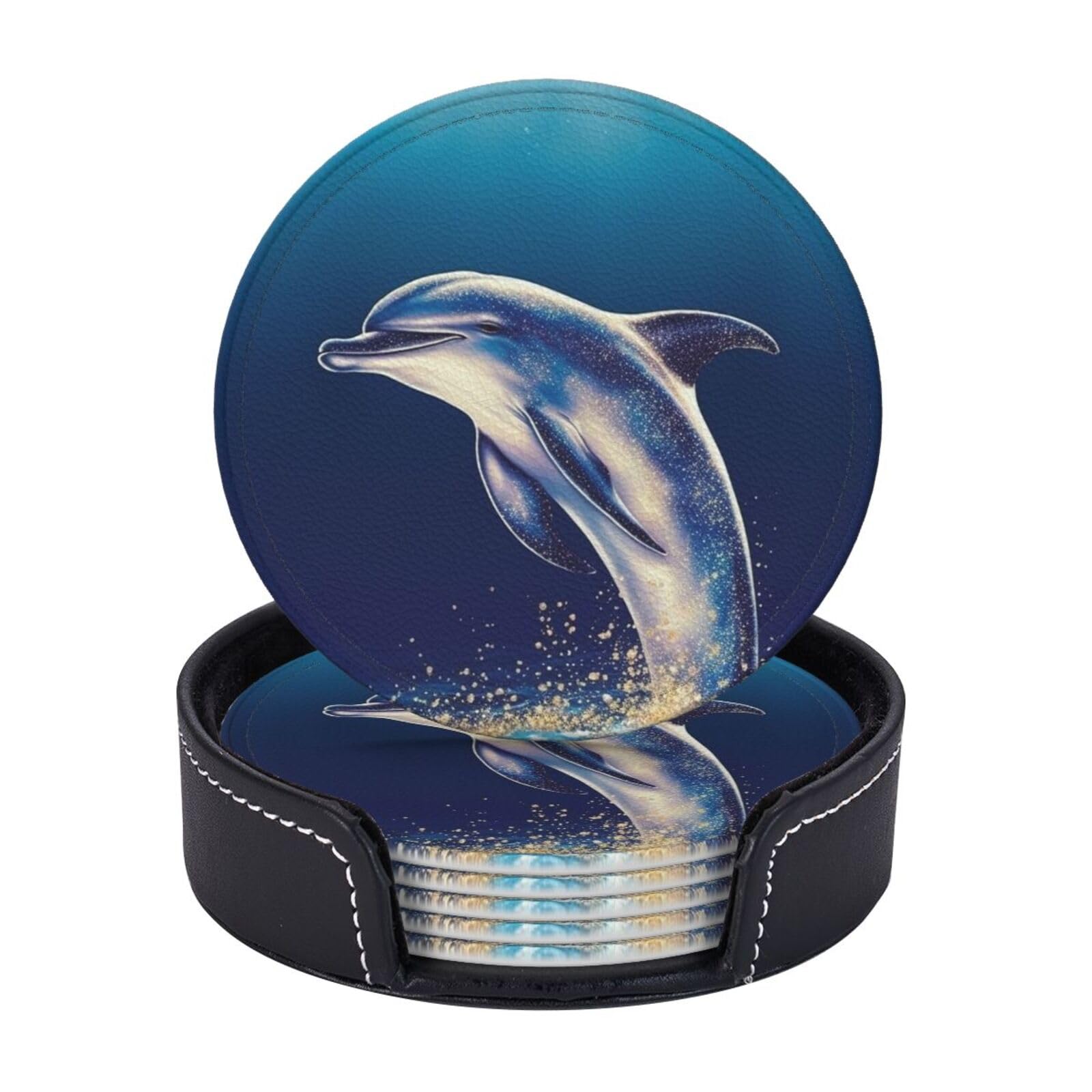 6Pcs PU Leather Coaster for Drinks, Glitter Dolphin Cup Coasters with Holder, Aesthetic Drink Coasters for Coffee Table, Round Coaster for Tabletop Protection 4" Cup Mat Pad