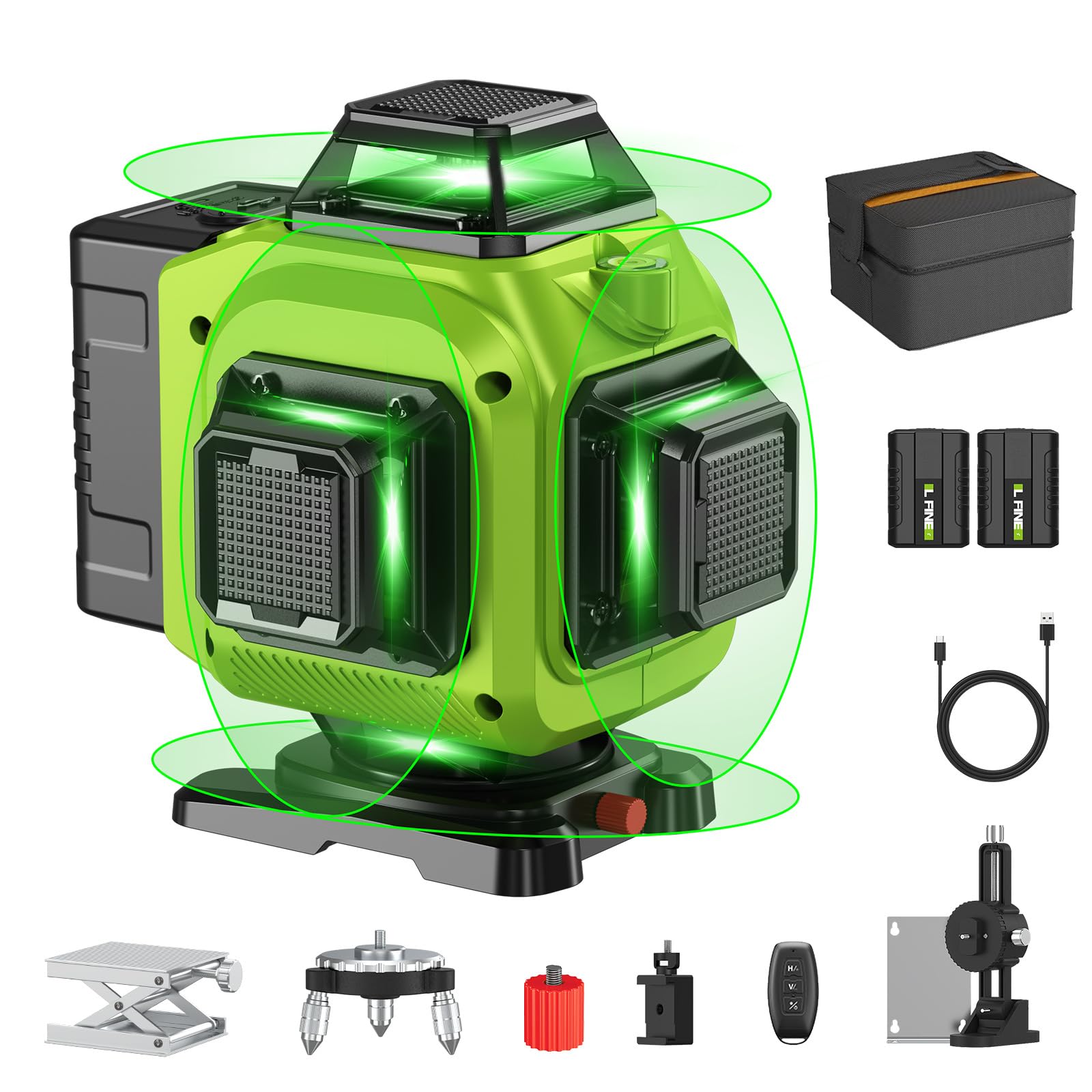 3Clock16 Lines Laser Level Self Leveling, 4x360°4D Green Cross Line laser Level Tool for Construction and Picture Hanging with 2 Batteries, Adjustable brightness & Remote Control