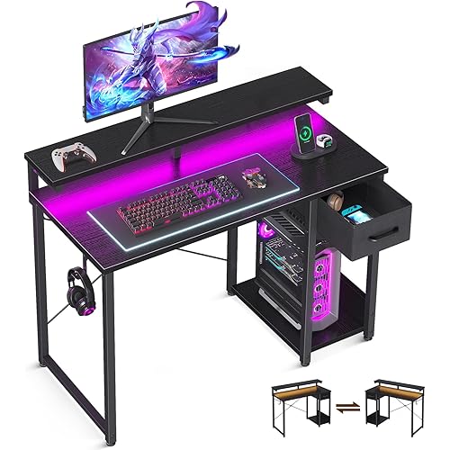AODK Gaming Desk with LED Lights, 40 Inch Computer Desk with Drawers, Reversible Small Desk with Monitor Stand & Headphone Hook for Home Bedroom, Black