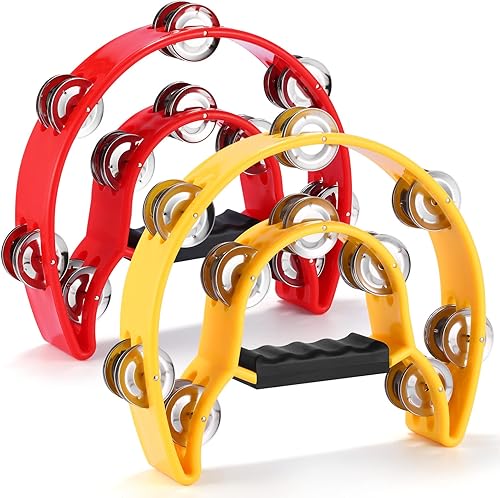 Pandereta de doble fila paquete de 2 panderetas de 10 pulgadas para adultos instrumento musical de media luna con 20 cascabeles de metal percusión